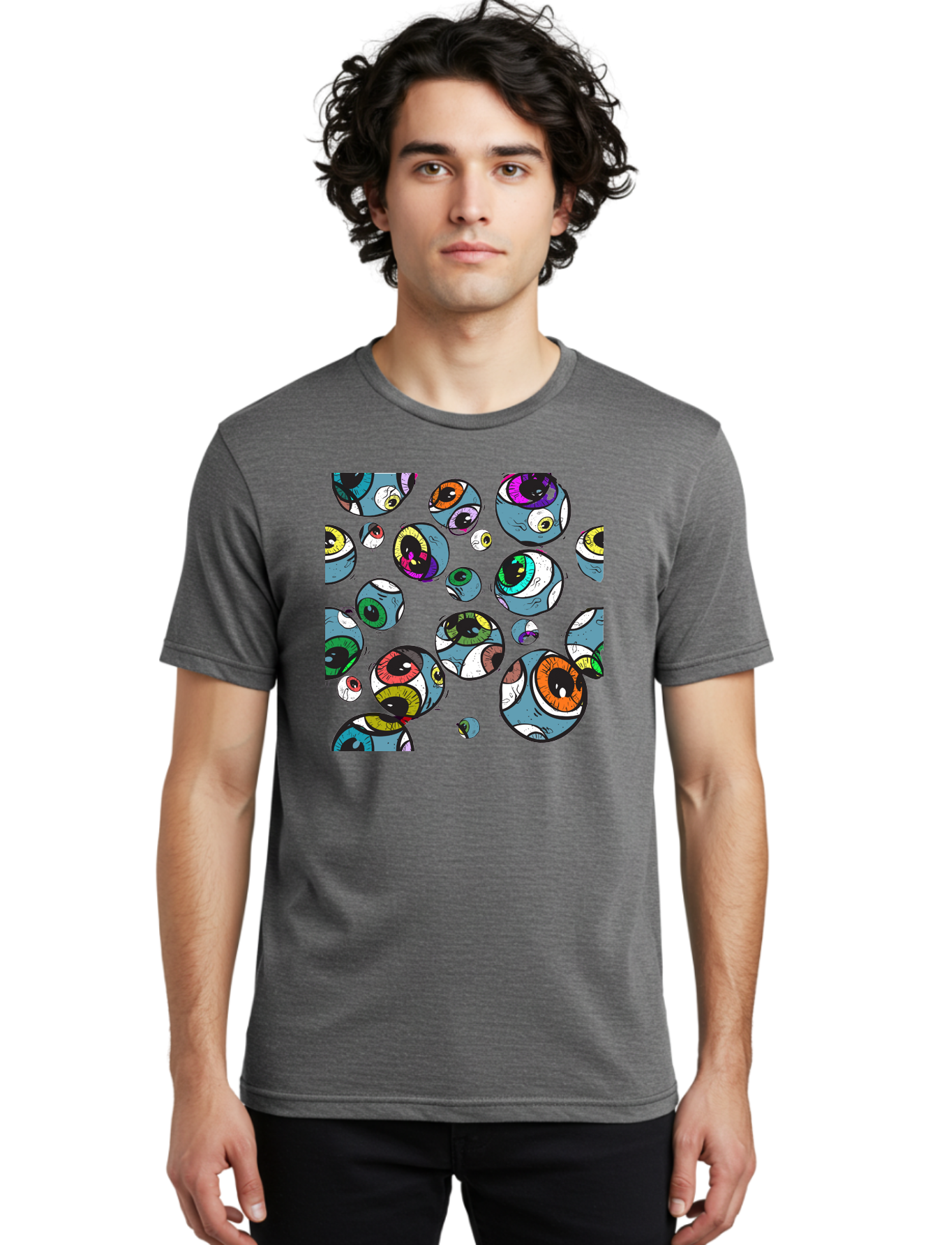 Eyes Men'S Graphic Tee, 100% Cotton, Comfortable Casual Summer Wear, Machine Washable, Cartoon Eyes, Colorful Eyes, Vibrant Eyed Pattern, Playful Illustration, Surreal Art, Whimsical Design, Multiple Eyes, Purple Background, Quirky Graphics, Aac388