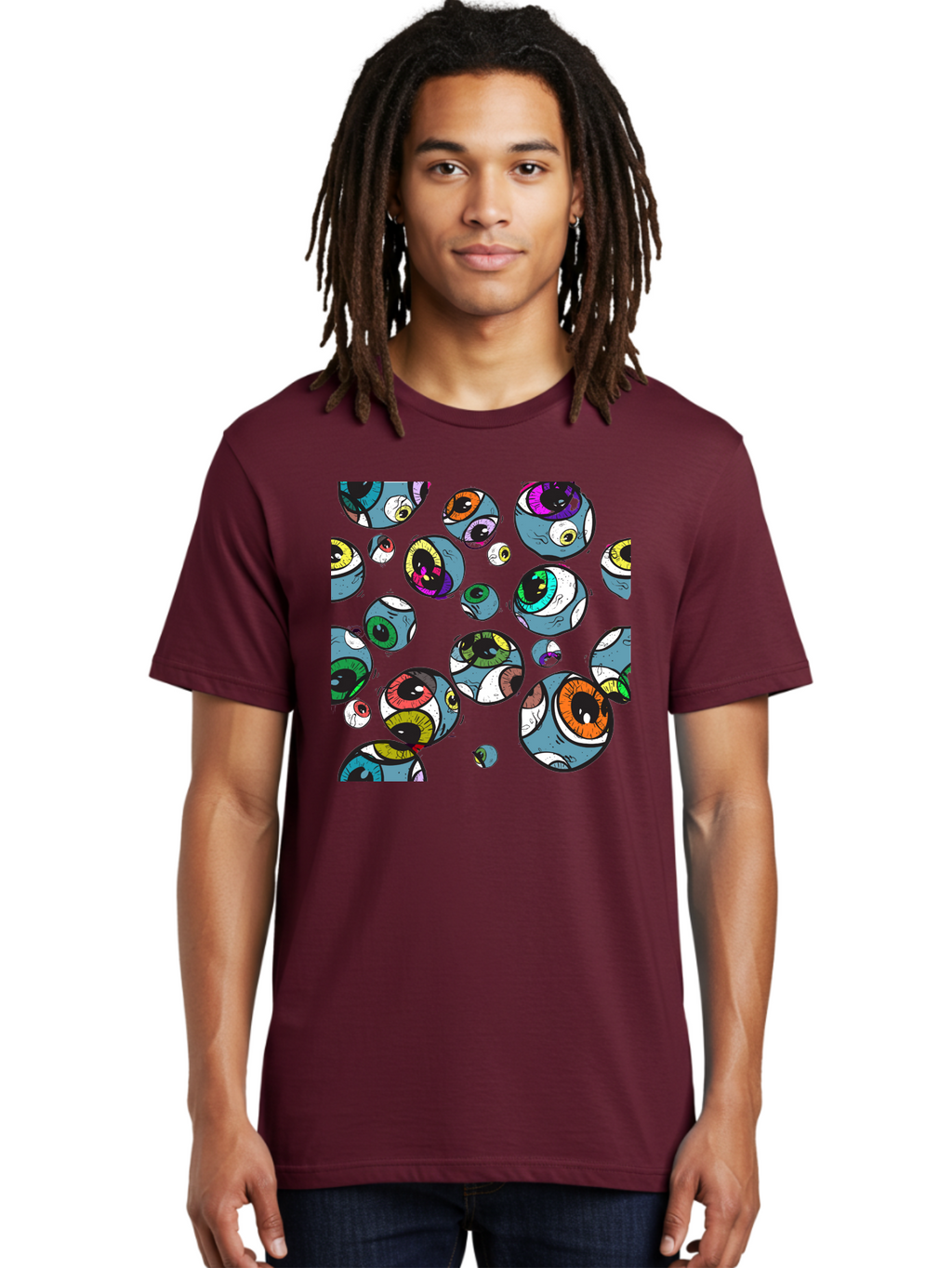 Eyes Men'S Graphic Tee, 100% Cotton, Comfortable Casual Summer Wear, Machine Washable, Cartoon Eyes, Colorful Eyes, Vibrant Eyed Pattern, Playful Illustration, Surreal Art, Whimsical Design, Multiple Eyes, Purple Background, Quirky Graphics, Aac388