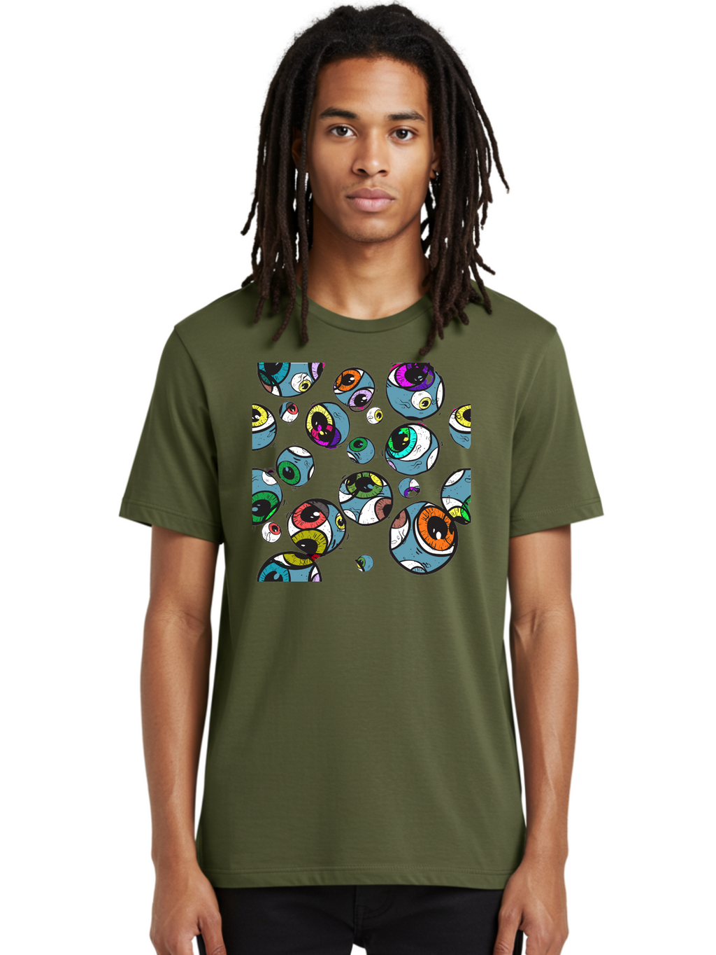 Eyes Men'S Graphic Tee, 100% Cotton, Comfortable Casual Summer Wear, Machine Washable, Cartoon Eyes, Colorful Eyes, Vibrant Eyed Pattern, Playful Illustration, Surreal Art, Whimsical Design, Multiple Eyes, Purple Background, Quirky Graphics, Aac388
