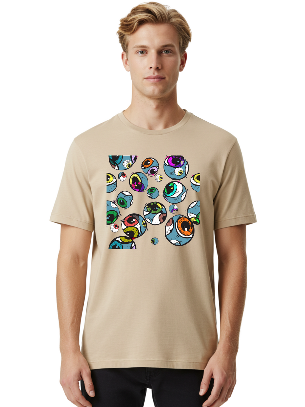 Eyes Men'S Graphic Tee, 100% Cotton, Comfortable Casual Summer Wear, Machine Washable, Cartoon Eyes, Colorful Eyes, Vibrant Eyed Pattern, Playful Illustration, Surreal Art, Whimsical Design, Multiple Eyes, Purple Background, Quirky Graphics, Aac388