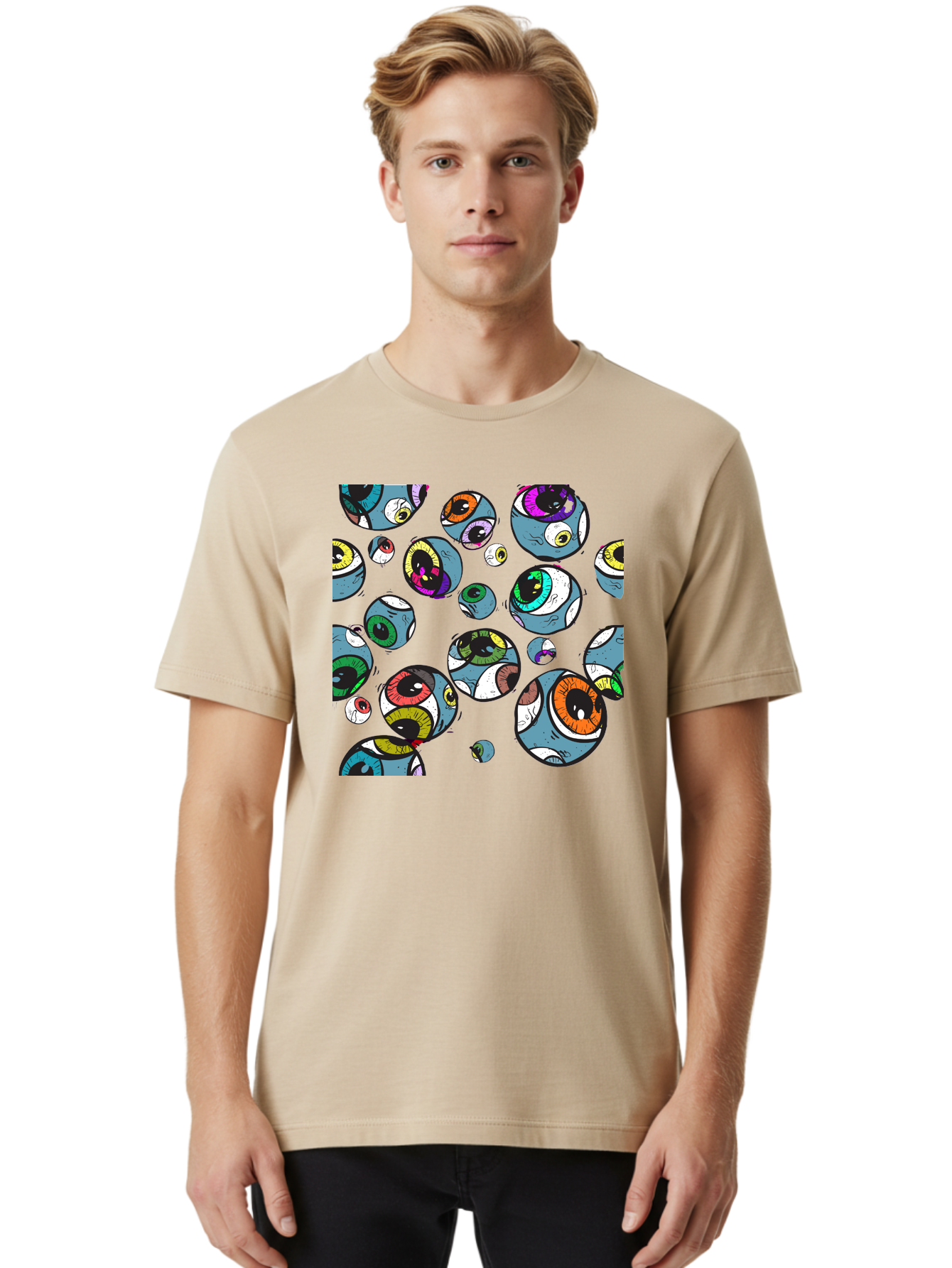 Eyes Men'S Graphic Tee, 100% Cotton, Comfortable Casual Summer Wear, Machine Washable, Cartoon Eyes, Colorful Eyes, Vibrant Eyed Pattern, Playful Illustration, Surreal Art, Whimsical Design, Multiple Eyes, Purple Background, Quirky Graphics, Aac388