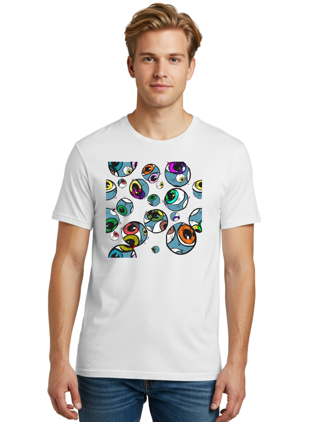 Eyes Men'S Graphic Tee, 100% Cotton, Comfortable Casual Summer Wear, Machine Washable, Cartoon Eyes, Colorful Eyes, Vibrant Eyed Pattern, Playful Illustration, Surreal Art, Whimsical Design, Multiple Eyes, Purple Background, Quirky Graphics, Aac388