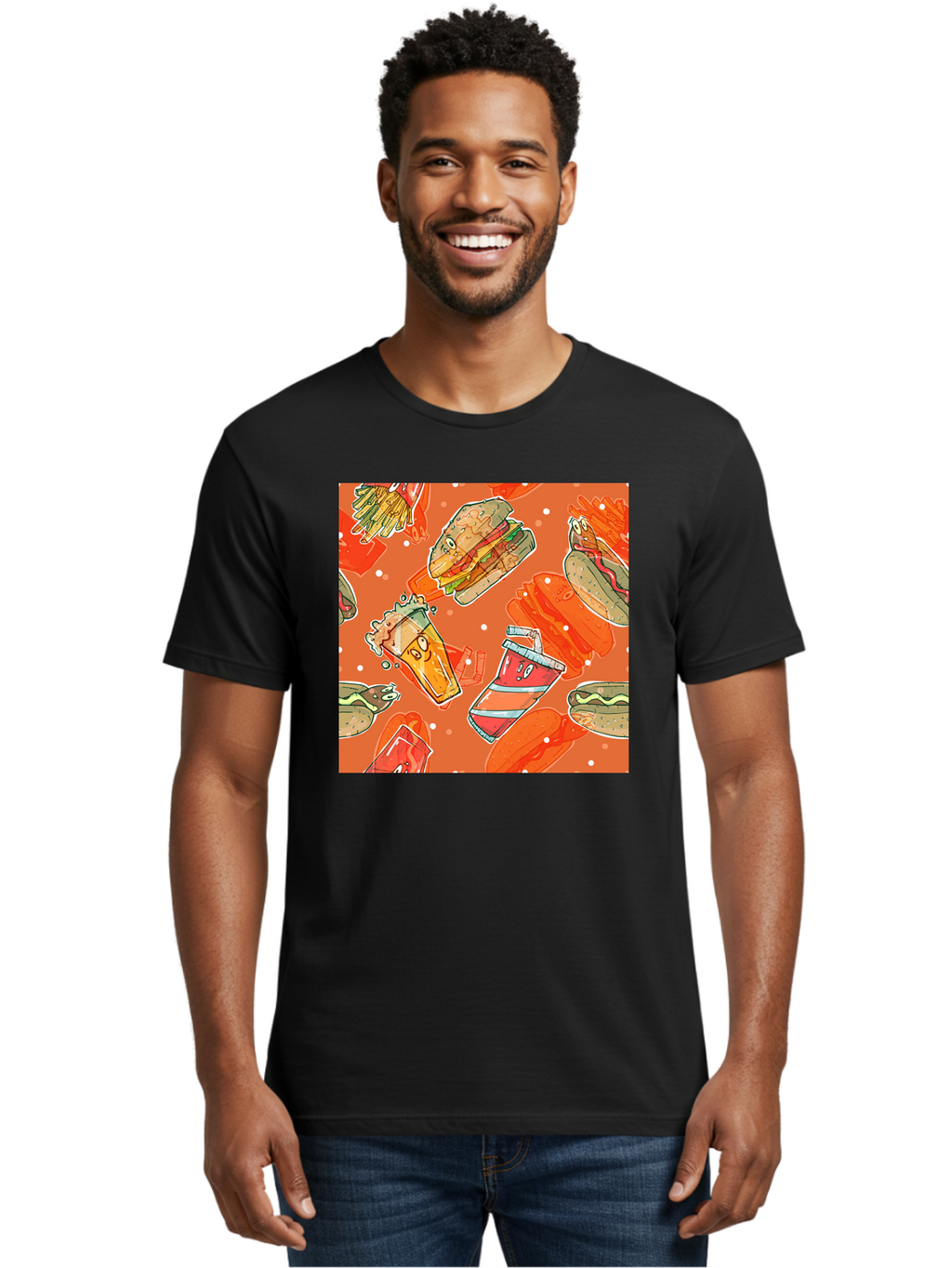 Fast-Food Men'S Graphic Tee, 100% Cotton, Comfortable Casual Summer Wear, Machine Washable, Fast Food, Burgers, Sandwiches, Hot Dogs, Fries, Sweet Tea, Soda, Cartoon Food, Playful Pattern, Appetizing Illustrations, Foodie Culture, Junk Food Aac389
