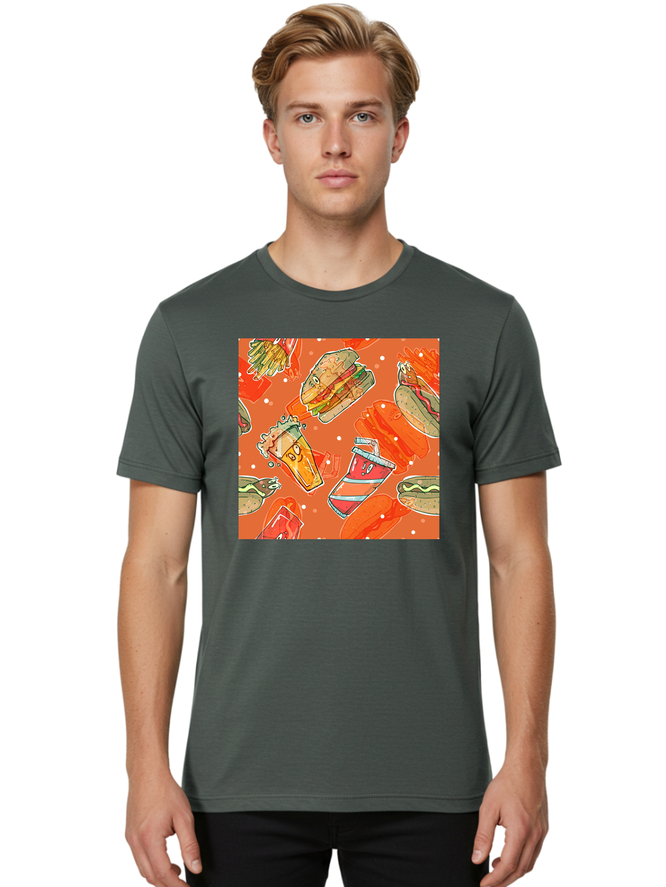 Fast-Food Men'S Graphic Tee, 100% Cotton, Comfortable Casual Summer Wear, Machine Washable, Fast Food, Burgers, Sandwiches, Hot Dogs, Fries, Sweet Tea, Soda, Cartoon Food, Playful Pattern, Appetizing Illustrations, Foodie Culture, Junk Food Aac389
