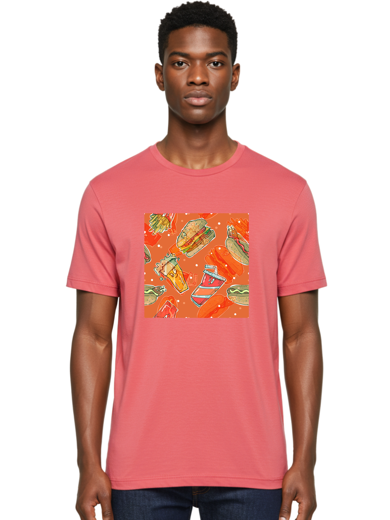 Fast-Food Men'S Graphic Tee, 100% Cotton, Comfortable Casual Summer Wear, Machine Washable, Fast Food, Burgers, Sandwiches, Hot Dogs, Fries, Sweet Tea, Soda, Cartoon Food, Playful Pattern, Appetizing Illustrations, Foodie Culture, Junk Food Aac389