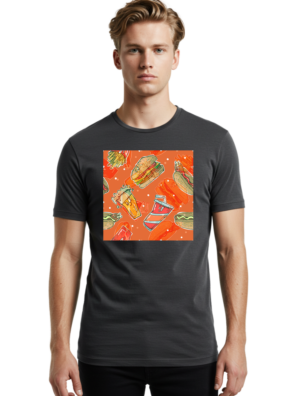 Fast-Food Men'S Graphic Tee, 100% Cotton, Comfortable Casual Summer Wear, Machine Washable, Fast Food, Burgers, Sandwiches, Hot Dogs, Fries, Sweet Tea, Soda, Cartoon Food, Playful Pattern, Appetizing Illustrations, Foodie Culture, Junk Food Aac389