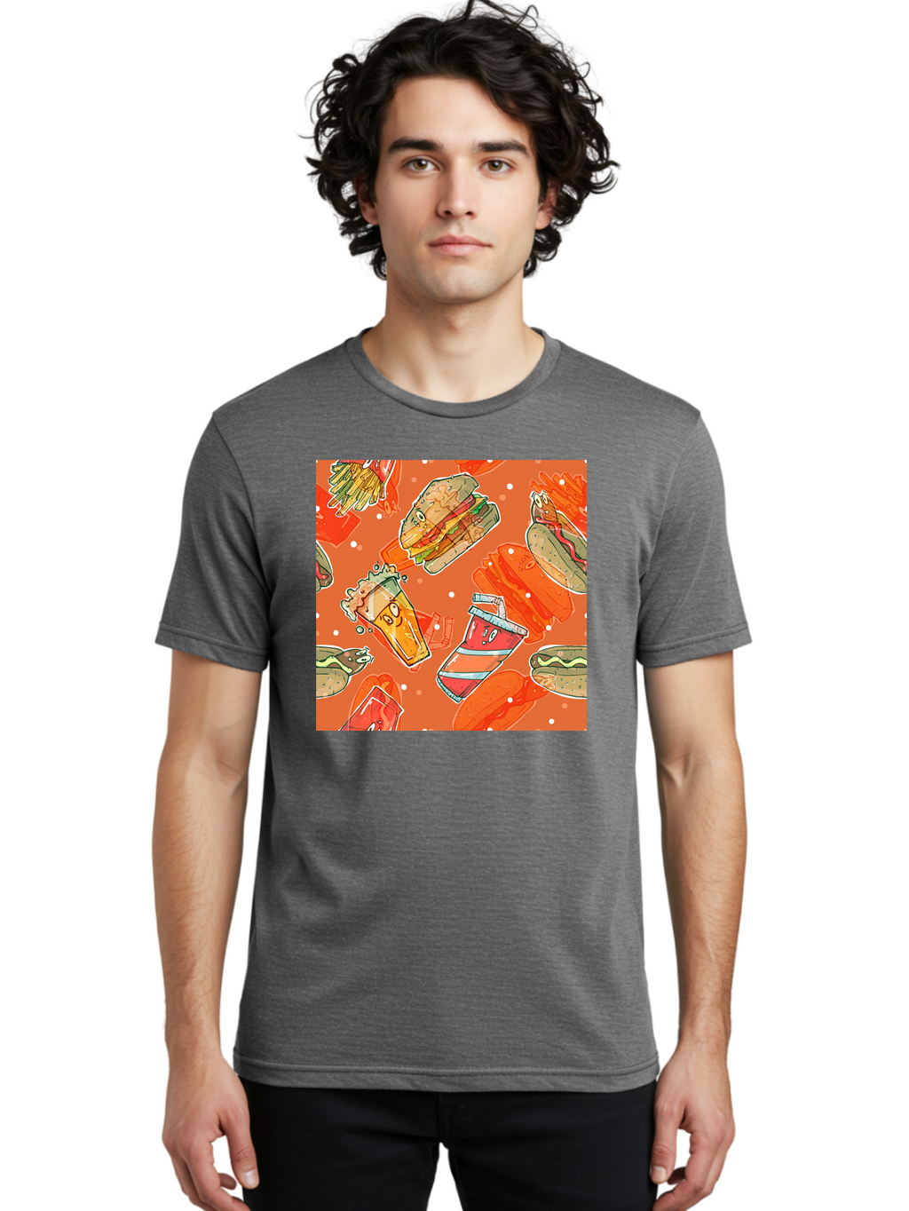 Fast-Food Men'S Graphic Tee, 100% Cotton, Comfortable Casual Summer Wear, Machine Washable, Fast Food, Burgers, Sandwiches, Hot Dogs, Fries, Sweet Tea, Soda, Cartoon Food, Playful Pattern, Appetizing Illustrations, Foodie Culture, Junk Food Aac389