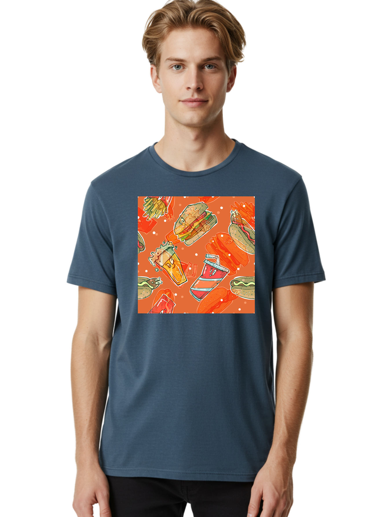 Fast-Food Men'S Graphic Tee, 100% Cotton, Comfortable Casual Summer Wear, Machine Washable, Fast Food, Burgers, Sandwiches, Hot Dogs, Fries, Sweet Tea, Soda, Cartoon Food, Playful Pattern, Appetizing Illustrations, Foodie Culture, Junk Food Aac389