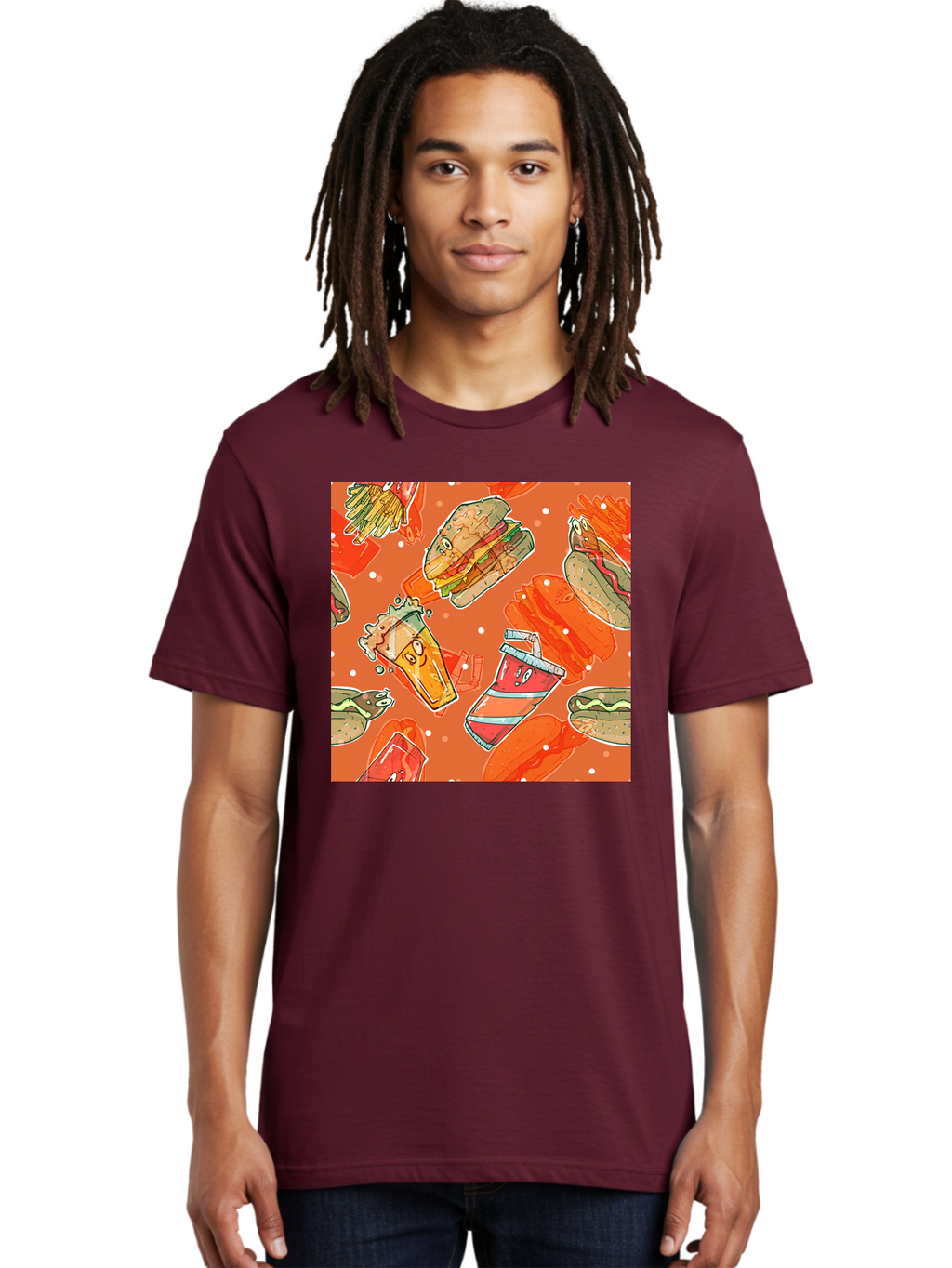 Fast-Food Men'S Graphic Tee, 100% Cotton, Comfortable Casual Summer Wear, Machine Washable, Fast Food, Burgers, Sandwiches, Hot Dogs, Fries, Sweet Tea, Soda, Cartoon Food, Playful Pattern, Appetizing Illustrations, Foodie Culture, Junk Food Aac389