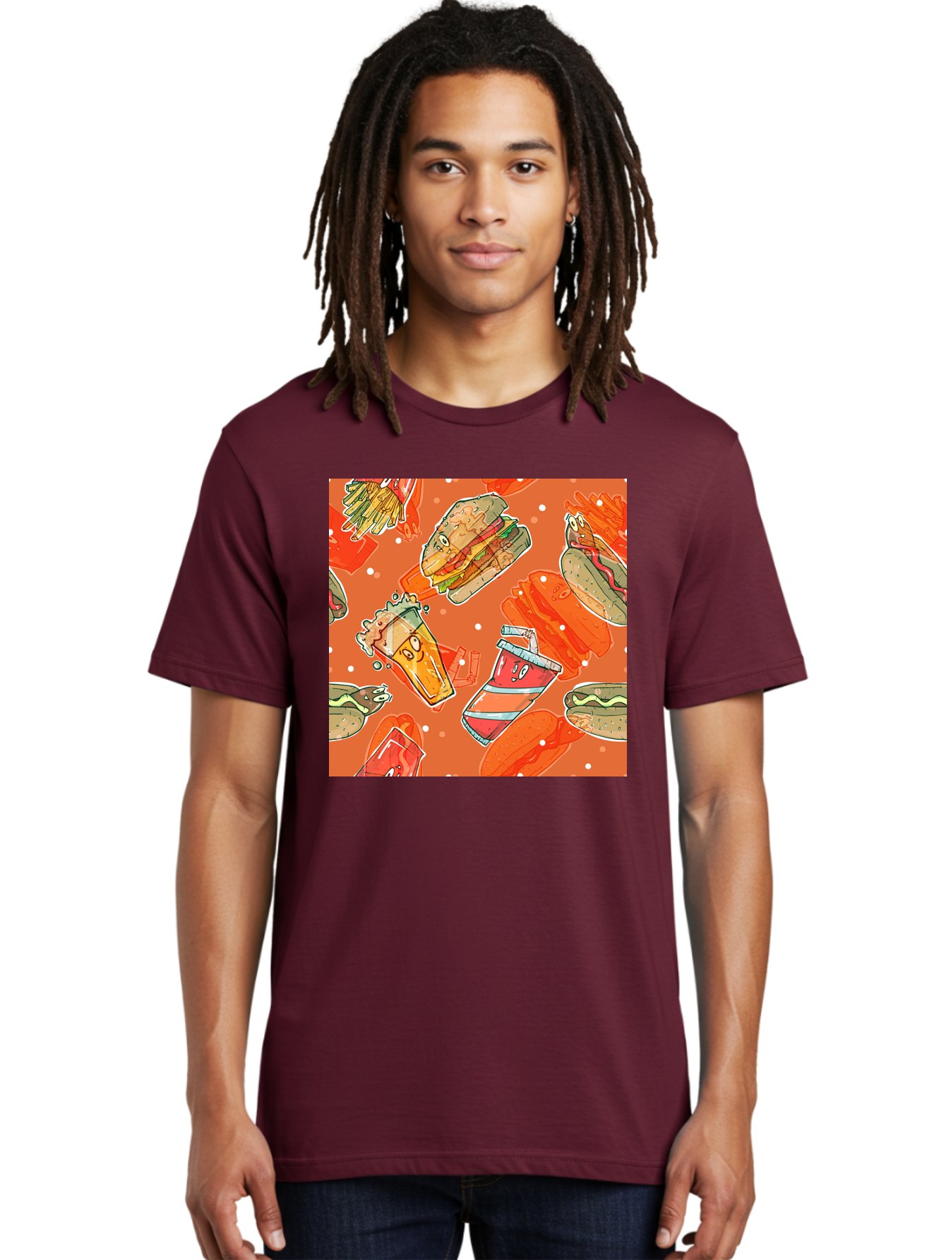 Fast-Food Men'S Graphic Tee, 100% Cotton, Comfortable Casual Summer Wear, Machine Washable, Fast Food, Burgers, Sandwiches, Hot Dogs, Fries, Sweet Tea, Soda, Cartoon Food, Playful Pattern, Appetizing Illustrations, Foodie Culture, Junk Food Aac389