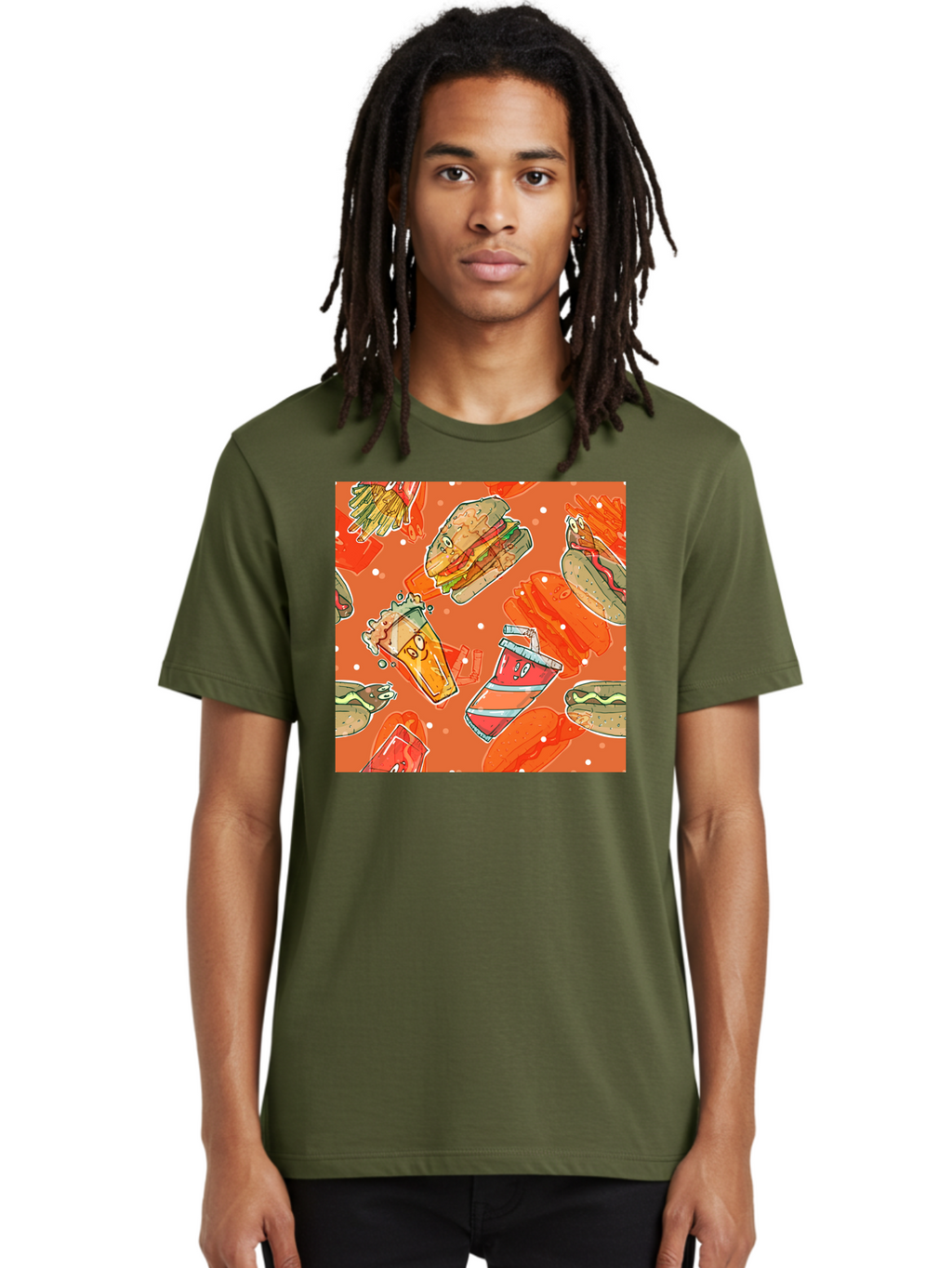 Fast-Food Men'S Graphic Tee, 100% Cotton, Comfortable Casual Summer Wear, Machine Washable, Fast Food, Burgers, Sandwiches, Hot Dogs, Fries, Sweet Tea, Soda, Cartoon Food, Playful Pattern, Appetizing Illustrations, Foodie Culture, Junk Food Aac389