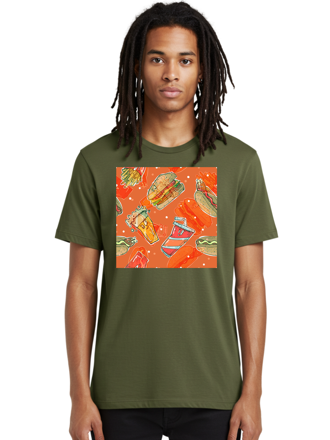 Fast-Food Men'S Graphic Tee, 100% Cotton, Comfortable Casual Summer Wear, Machine Washable, Fast Food, Burgers, Sandwiches, Hot Dogs, Fries, Sweet Tea, Soda, Cartoon Food, Playful Pattern, Appetizing Illustrations, Foodie Culture, Junk Food Aac389
