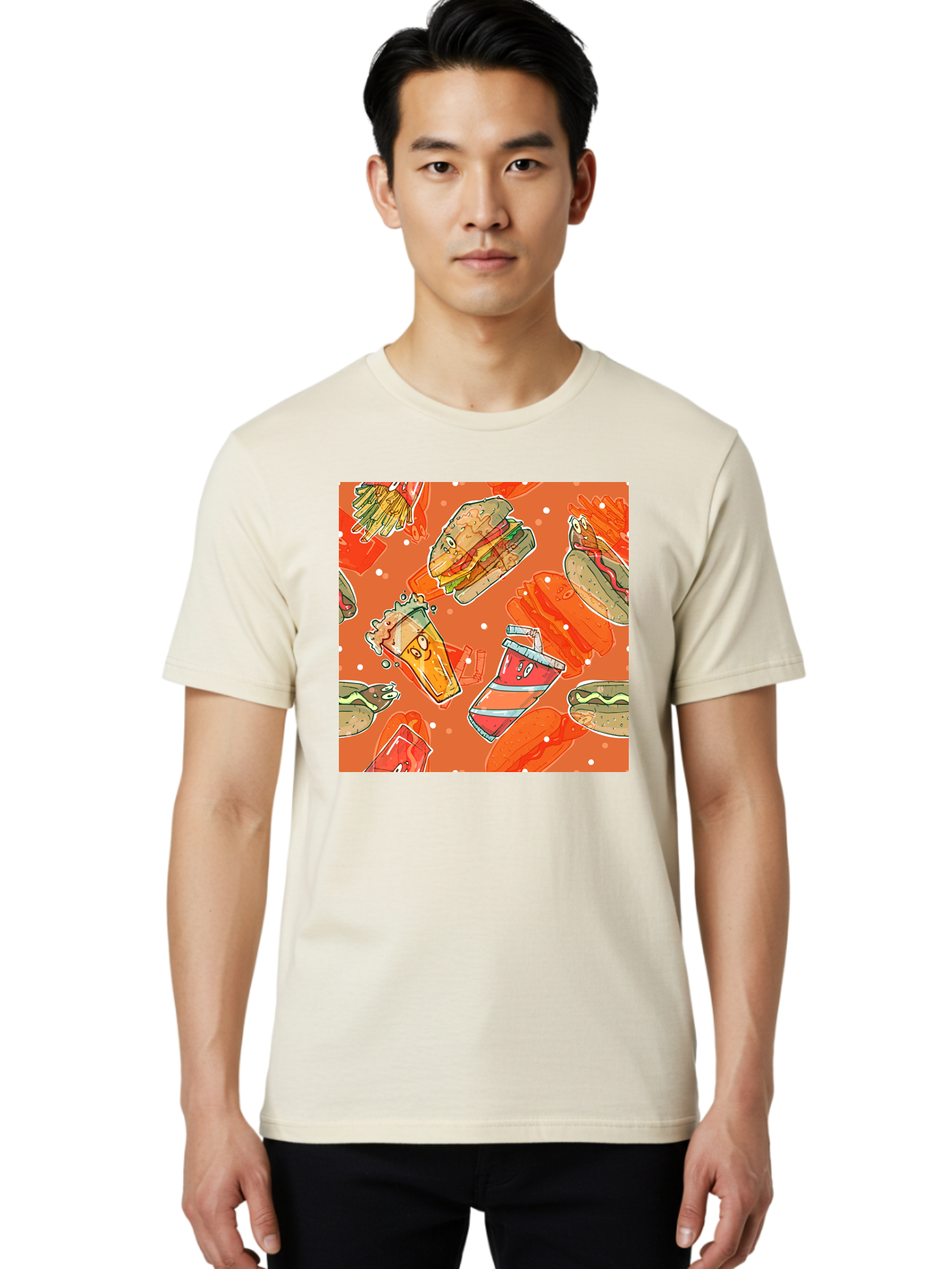 Fast-Food Men'S Graphic Tee, 100% Cotton, Comfortable Casual Summer Wear, Machine Washable, Fast Food, Burgers, Sandwiches, Hot Dogs, Fries, Sweet Tea, Soda, Cartoon Food, Playful Pattern, Appetizing Illustrations, Foodie Culture, Junk Food Aac389