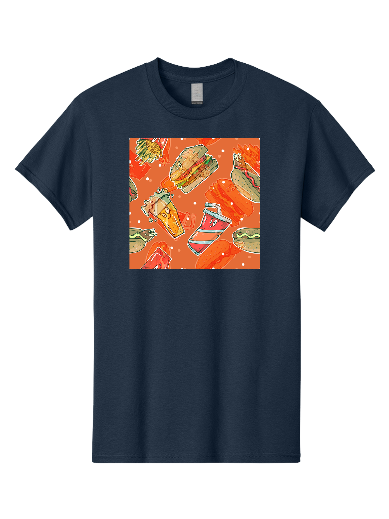 Fast-Food Men'S Graphic Tee, 100% Cotton, Comfortable Casual Summer Wear, Machine Washable, Fast Food, Burgers, Sandwiches, Hot Dogs, Fries, Sweet Tea, Soda, Cartoon Food, Playful Pattern, Appetizing Illustrations, Foodie Culture, Junk Food Aac389