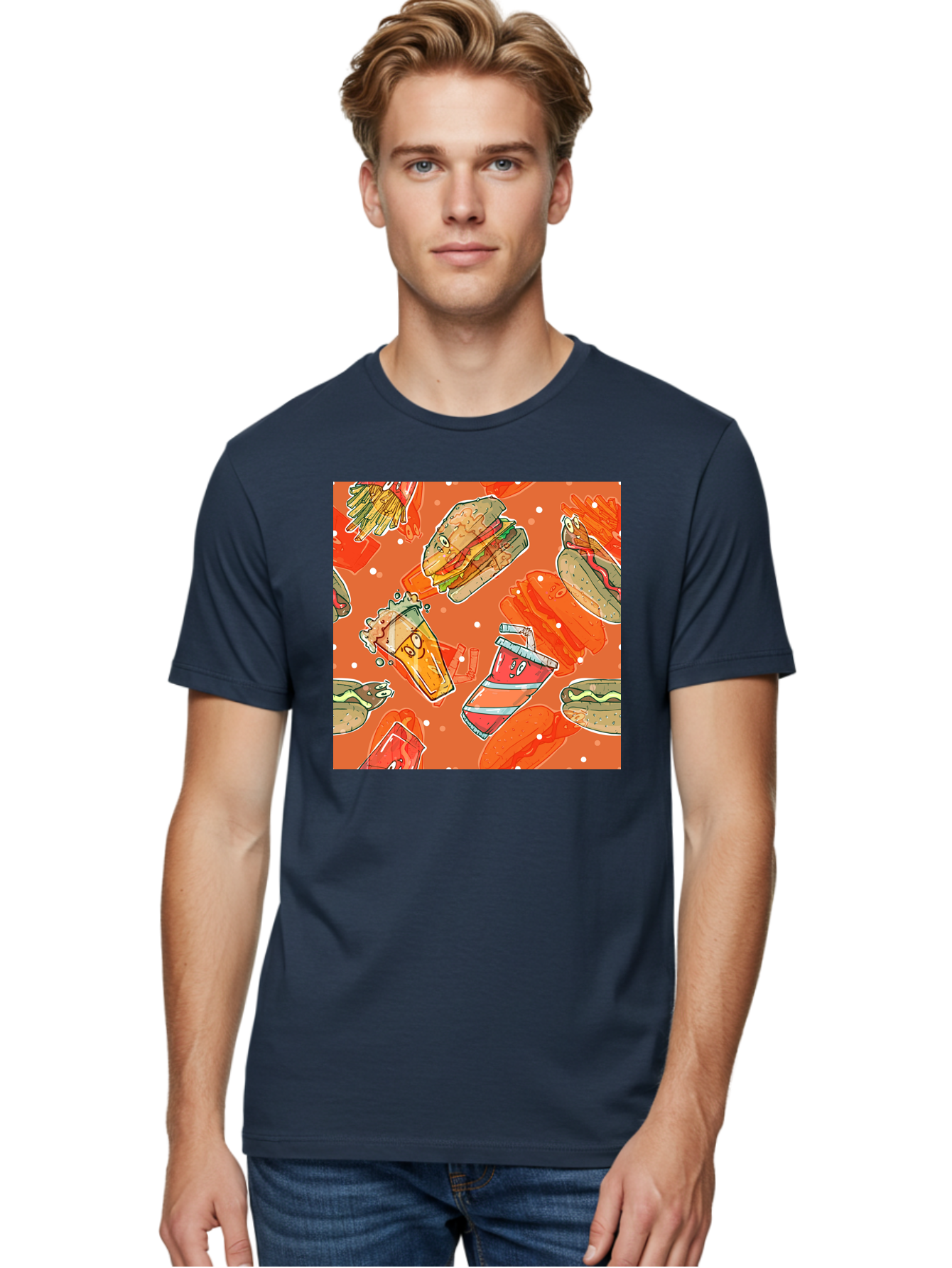 Fast-Food Men'S Graphic Tee, 100% Cotton, Comfortable Casual Summer Wear, Machine Washable, Fast Food, Burgers, Sandwiches, Hot Dogs, Fries, Sweet Tea, Soda, Cartoon Food, Playful Pattern, Appetizing Illustrations, Foodie Culture, Junk Food Aac389