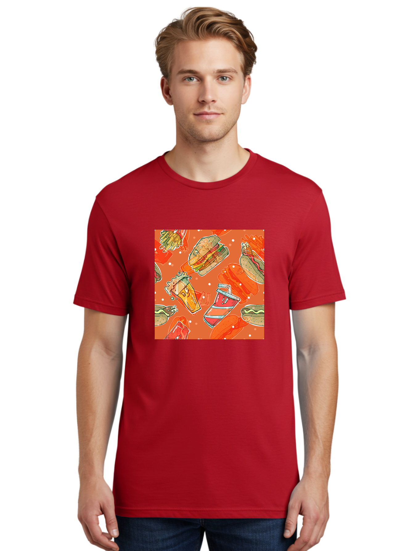 Fast-Food Men'S Graphic Tee, 100% Cotton, Comfortable Casual Summer Wear, Machine Washable, Fast Food, Burgers, Sandwiches, Hot Dogs, Fries, Sweet Tea, Soda, Cartoon Food, Playful Pattern, Appetizing Illustrations, Foodie Culture, Junk Food Aac389