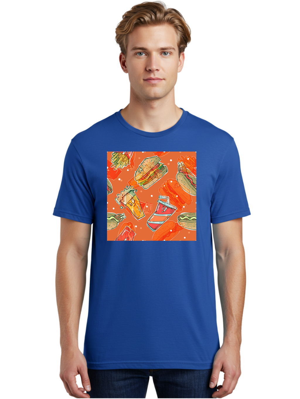 Fast-Food Men'S Graphic Tee, 100% Cotton, Comfortable Casual Summer Wear, Machine Washable, Fast Food, Burgers, Sandwiches, Hot Dogs, Fries, Sweet Tea, Soda, Cartoon Food, Playful Pattern, Appetizing Illustrations, Foodie Culture, Junk Food Aac389