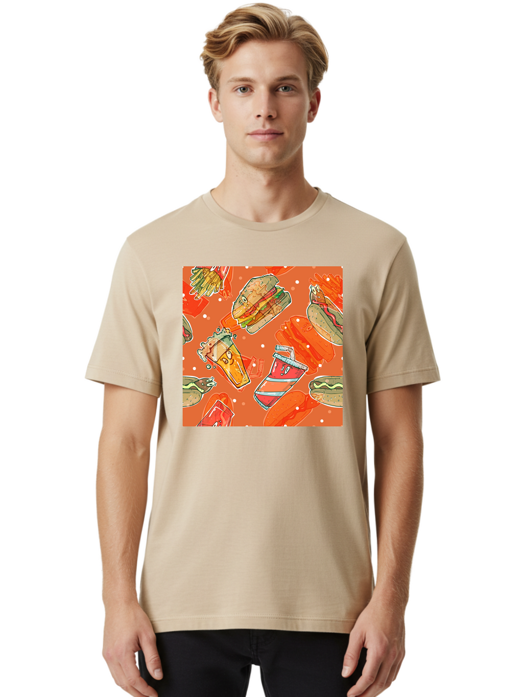 Fast-Food Men'S Graphic Tee, 100% Cotton, Comfortable Casual Summer Wear, Machine Washable, Fast Food, Burgers, Sandwiches, Hot Dogs, Fries, Sweet Tea, Soda, Cartoon Food, Playful Pattern, Appetizing Illustrations, Foodie Culture, Junk Food Aac389