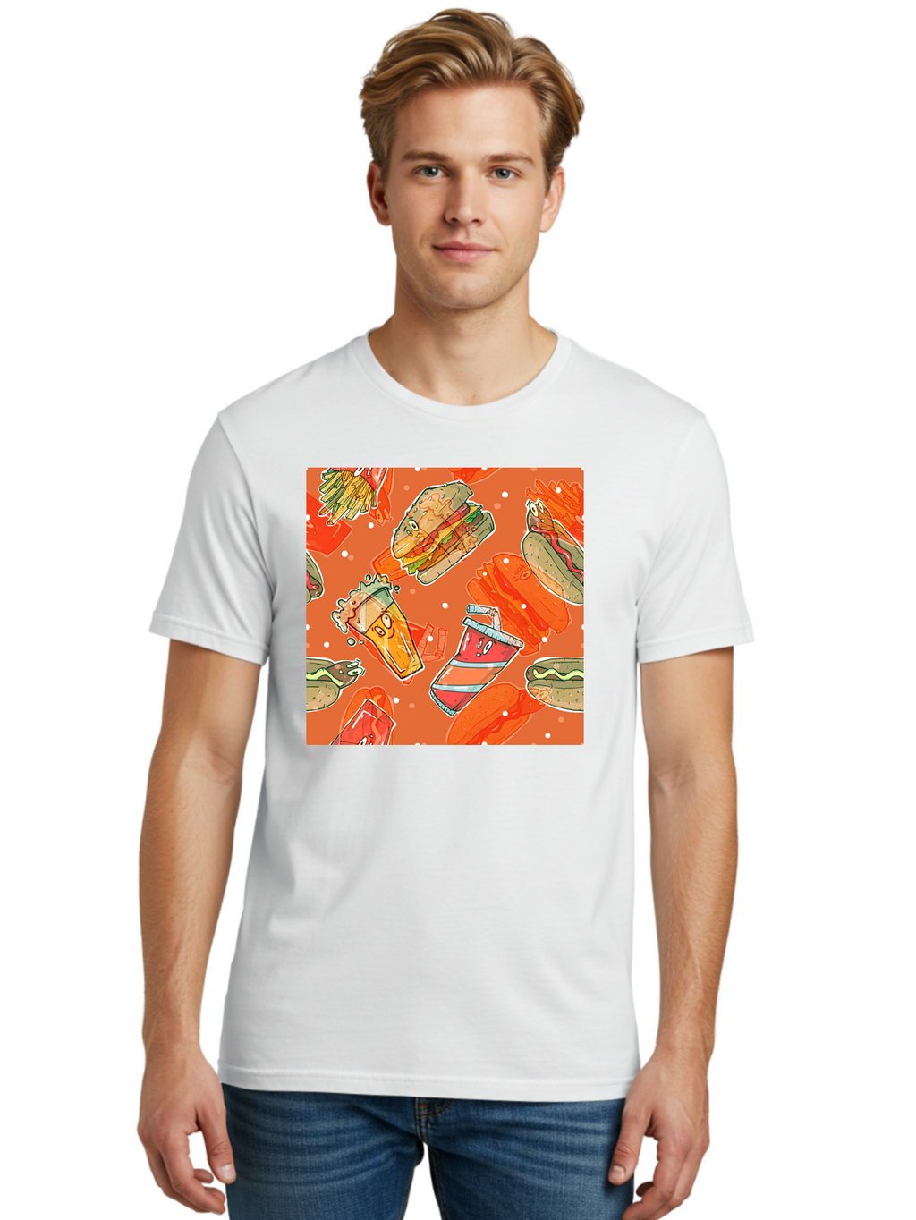 Fast-Food Men'S Graphic Tee, 100% Cotton, Comfortable Casual Summer Wear, Machine Washable, Fast Food, Burgers, Sandwiches, Hot Dogs, Fries, Sweet Tea, Soda, Cartoon Food, Playful Pattern, Appetizing Illustrations, Foodie Culture, Junk Food Aac389