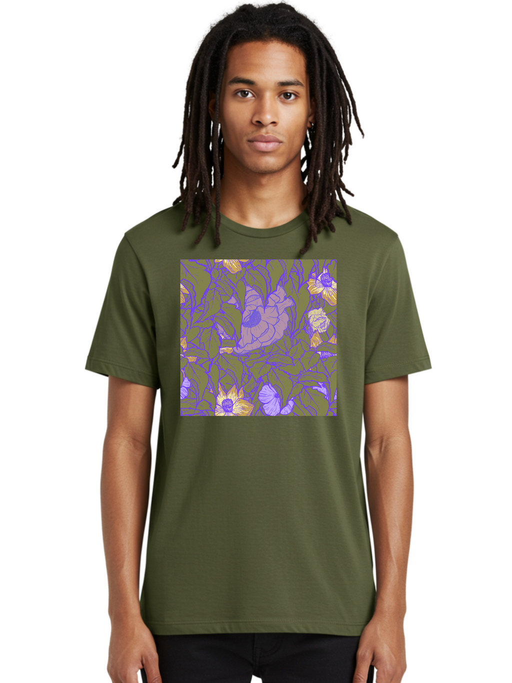 Floral-Pattern-1 Men'S Graphic Tee, 100% Cotton, Comfortable Casual Summer Wear, Machine Washable, Floral Pattern Design, Flower Arrangement, Pastel Colors, Yellow Flowers, Purple Outlines, Green Leaves, Artistic Illustration, Whimsical Decor, Aac391