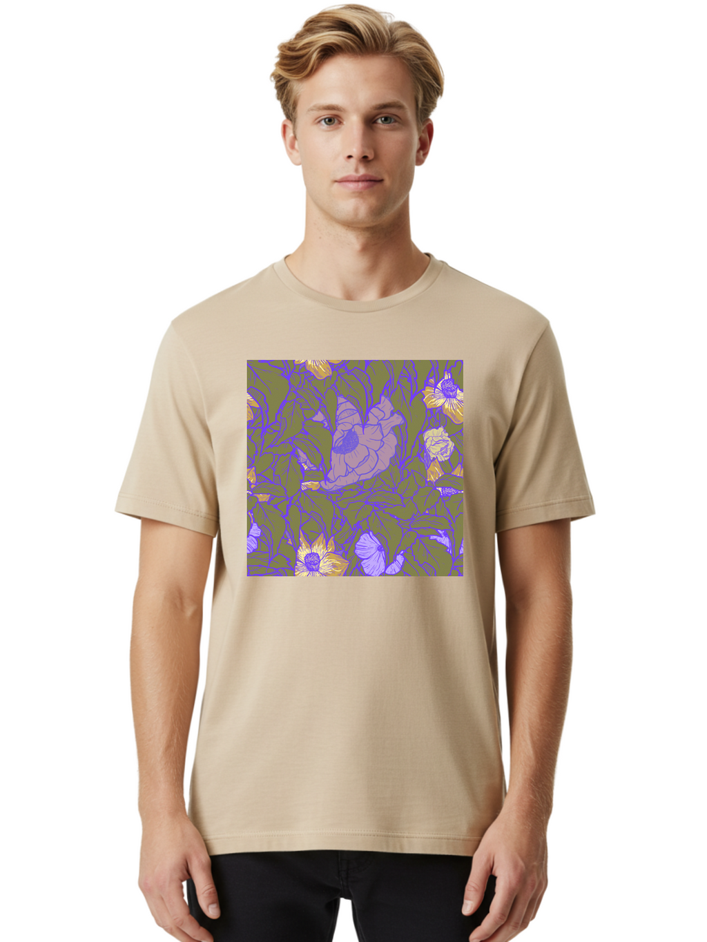 Floral-Pattern-1 Men'S Graphic Tee, 100% Cotton, Comfortable Casual Summer Wear, Machine Washable, Floral Pattern Design, Flower Arrangement, Pastel Colors, Yellow Flowers, Purple Outlines, Green Leaves, Artistic Illustration, Whimsical Decor, Aac391