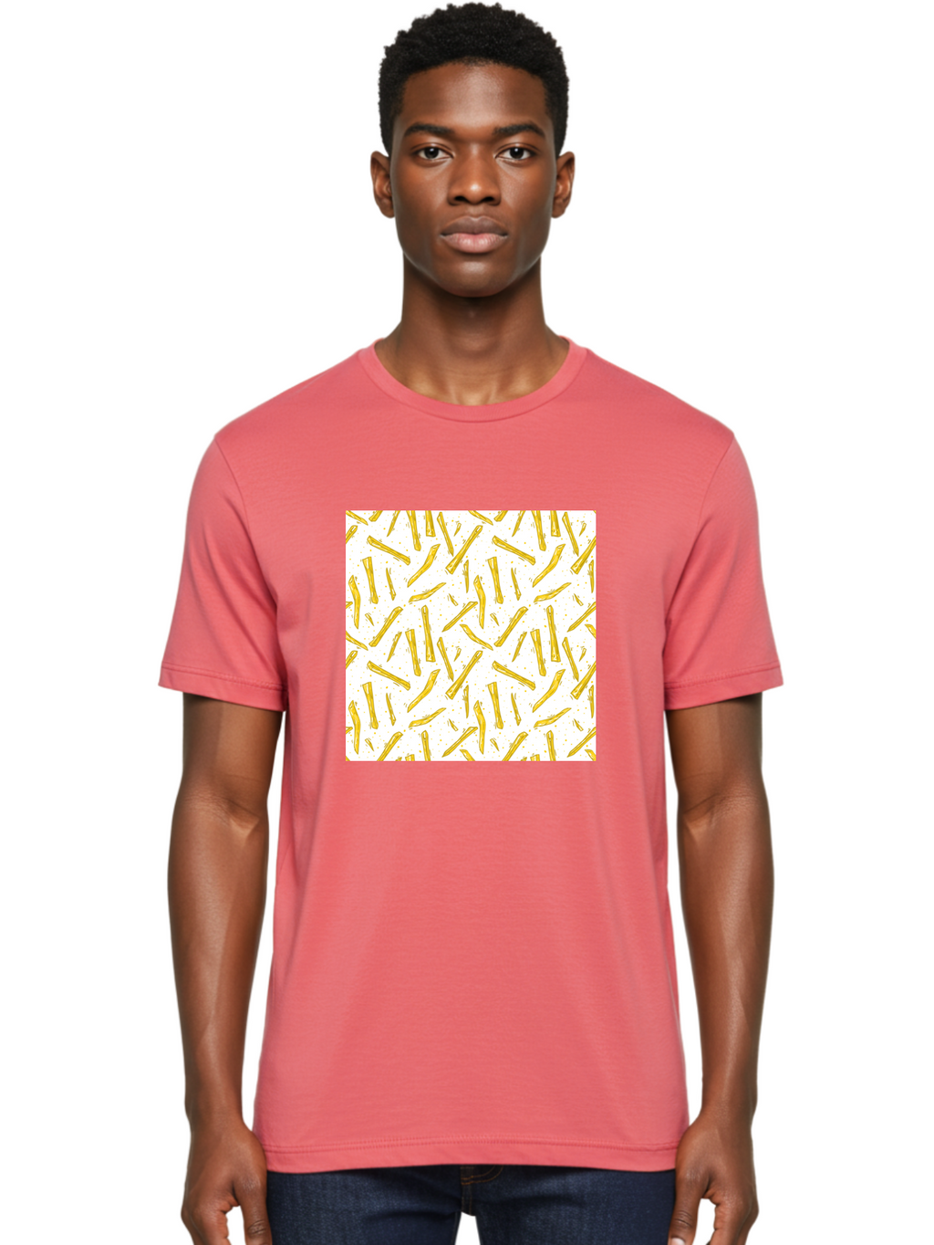 French-Fries-Pattern Men'S Graphic Tee, 100% Cotton, Comfortable Casual Summer Wear, Machine Washable, French Fries Pattern, Yellow Fries, White Background, Food Design, Snack Pattern, Restaurant Theme, Casual Dining, Appetizing Visuals, Aac393