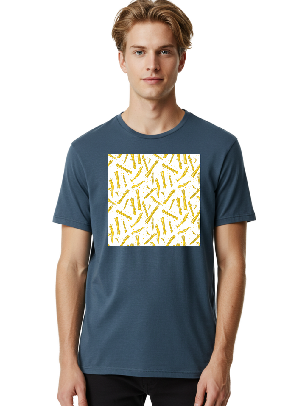 French-Fries-Pattern Men'S Graphic Tee, 100% Cotton, Comfortable Casual Summer Wear, Machine Washable, French Fries Pattern, Yellow Fries, White Background, Food Design, Snack Pattern, Restaurant Theme, Casual Dining, Appetizing Visuals, Aac393
