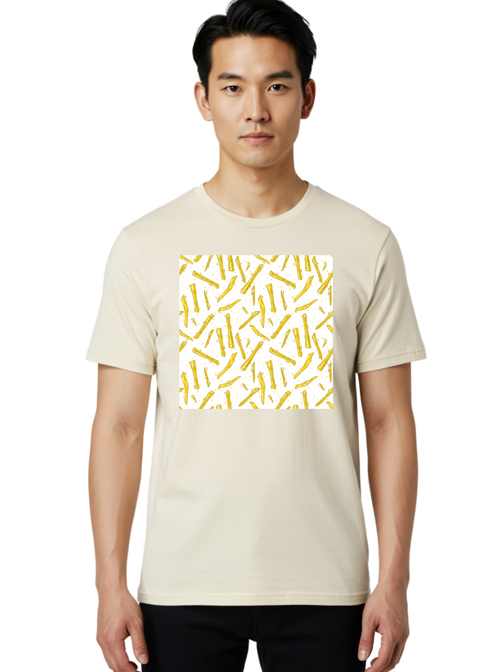 French-Fries-Pattern Men'S Graphic Tee, 100% Cotton, Comfortable Casual Summer Wear, Machine Washable, French Fries Pattern, Yellow Fries, White Background, Food Design, Snack Pattern, Restaurant Theme, Casual Dining, Appetizing Visuals, Aac393