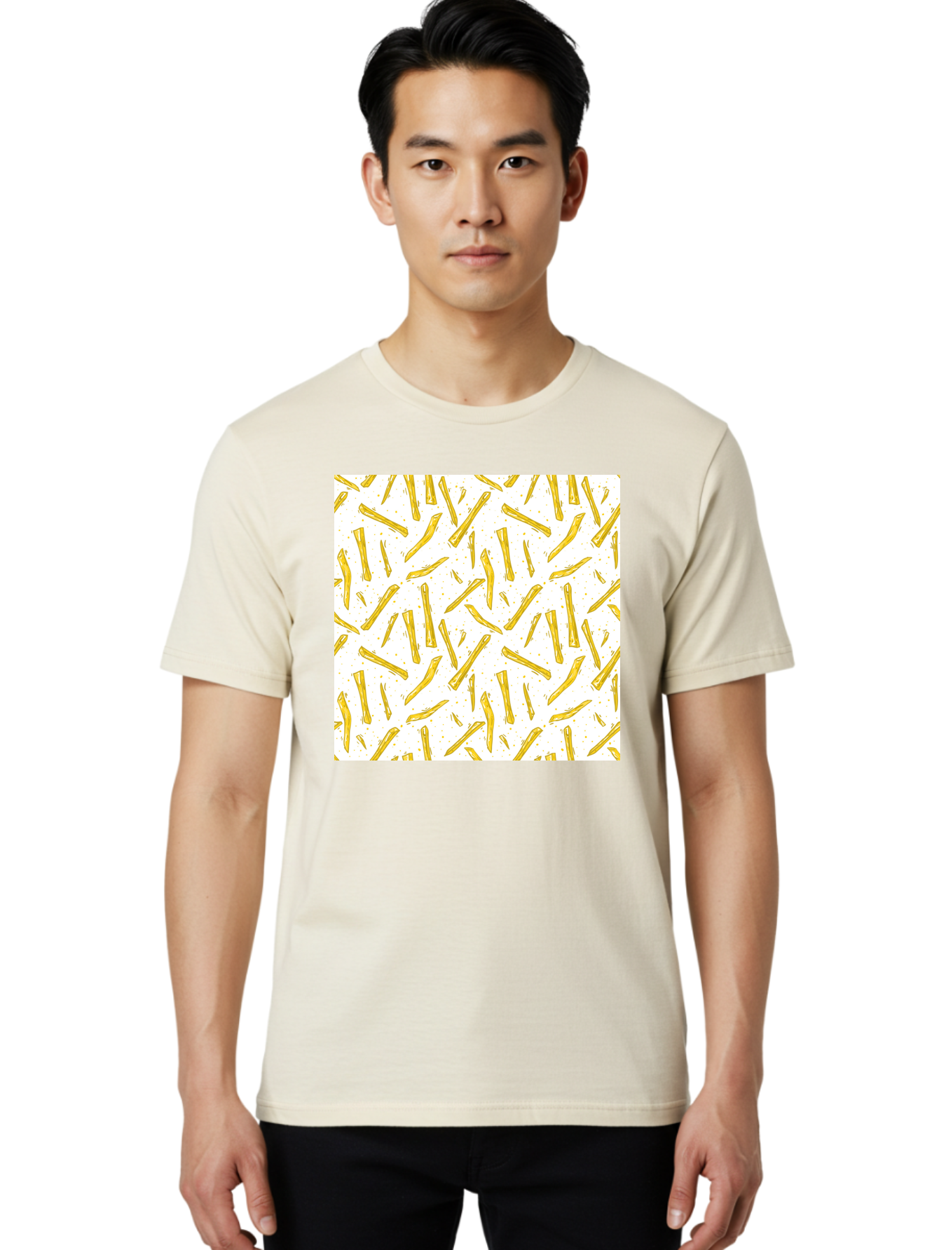 French-Fries-Pattern Men'S Graphic Tee, 100% Cotton, Comfortable Casual Summer Wear, Machine Washable, French Fries Pattern, Yellow Fries, White Background, Food Design, Snack Pattern, Restaurant Theme, Casual Dining, Appetizing Visuals, Aac393