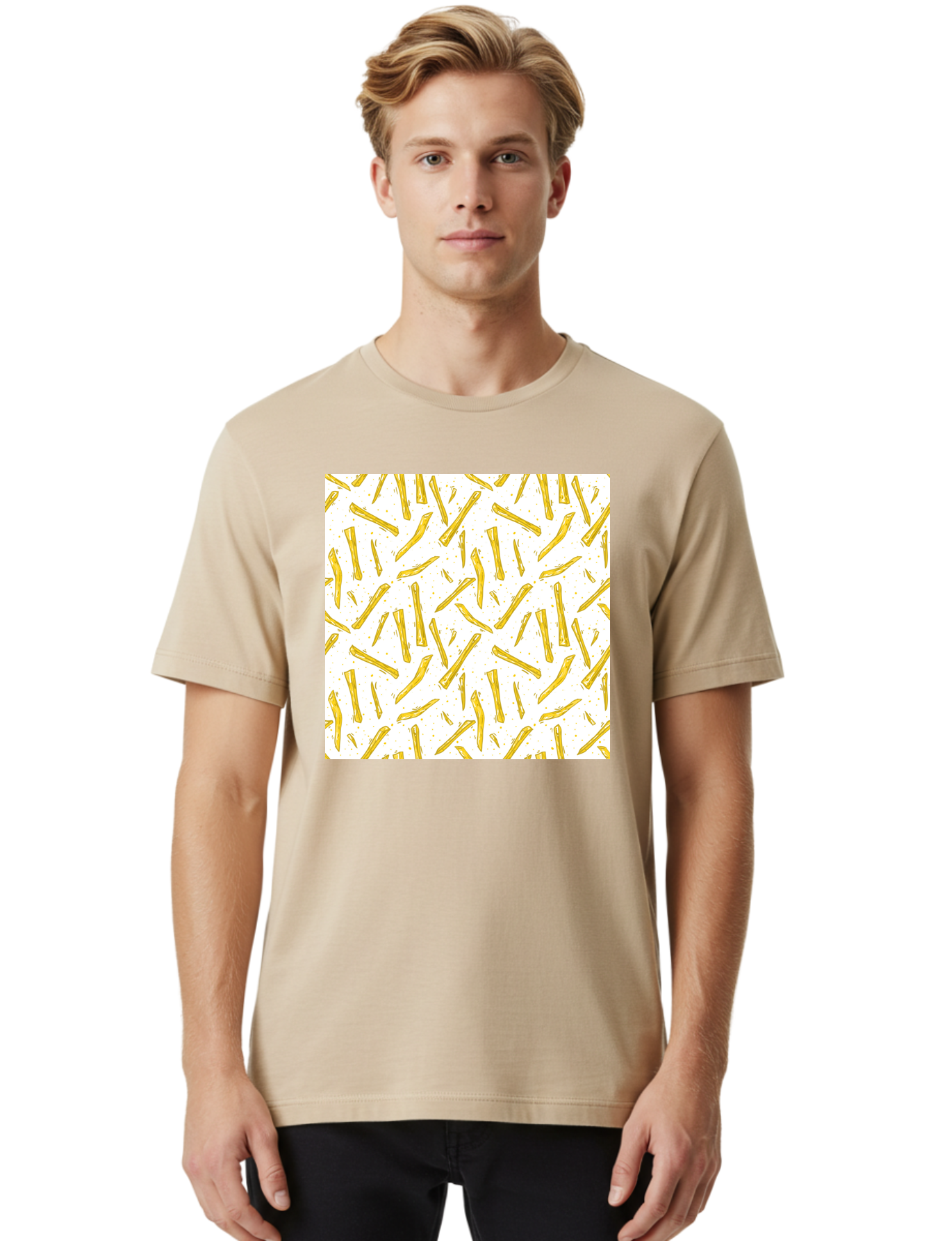 French-Fries-Pattern Men'S Graphic Tee, 100% Cotton, Comfortable Casual Summer Wear, Machine Washable, French Fries Pattern, Yellow Fries, White Background, Food Design, Snack Pattern, Restaurant Theme, Casual Dining, Appetizing Visuals, Aac393