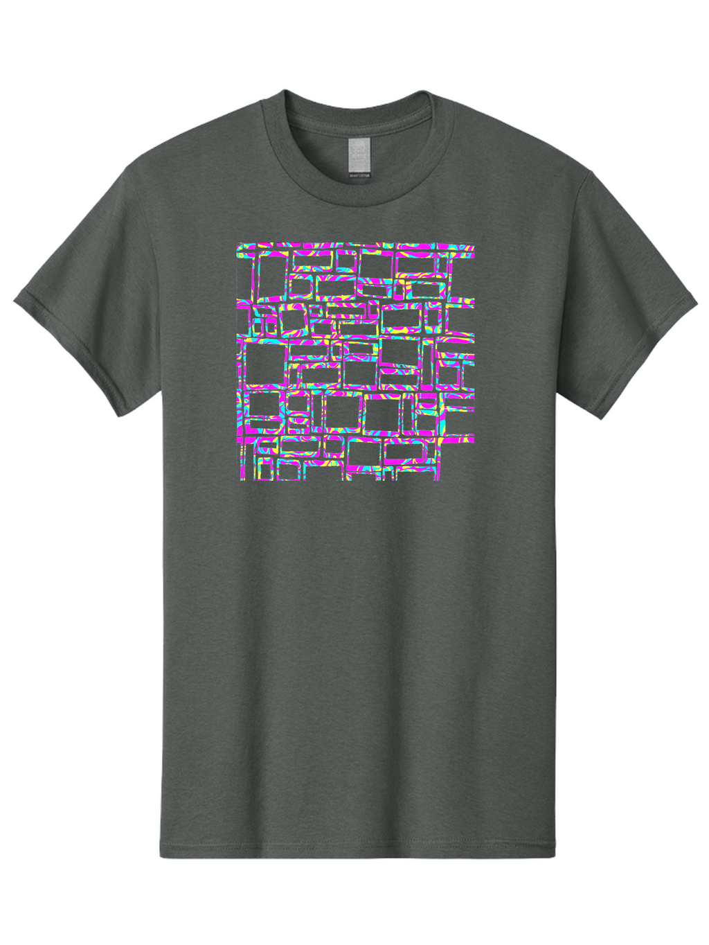 Glitch-Squares-Pattern Men'S Graphic Tee, 100% Cotton, Comfortable Casual Summer Wear, Machine Washable, Glitch Art, Distorted Rectangles, Neon Colors, Vibrant Hues, Abstract Pattern, Digital Distortion, Futuristic Design, Error Aesthetic, Aac394
