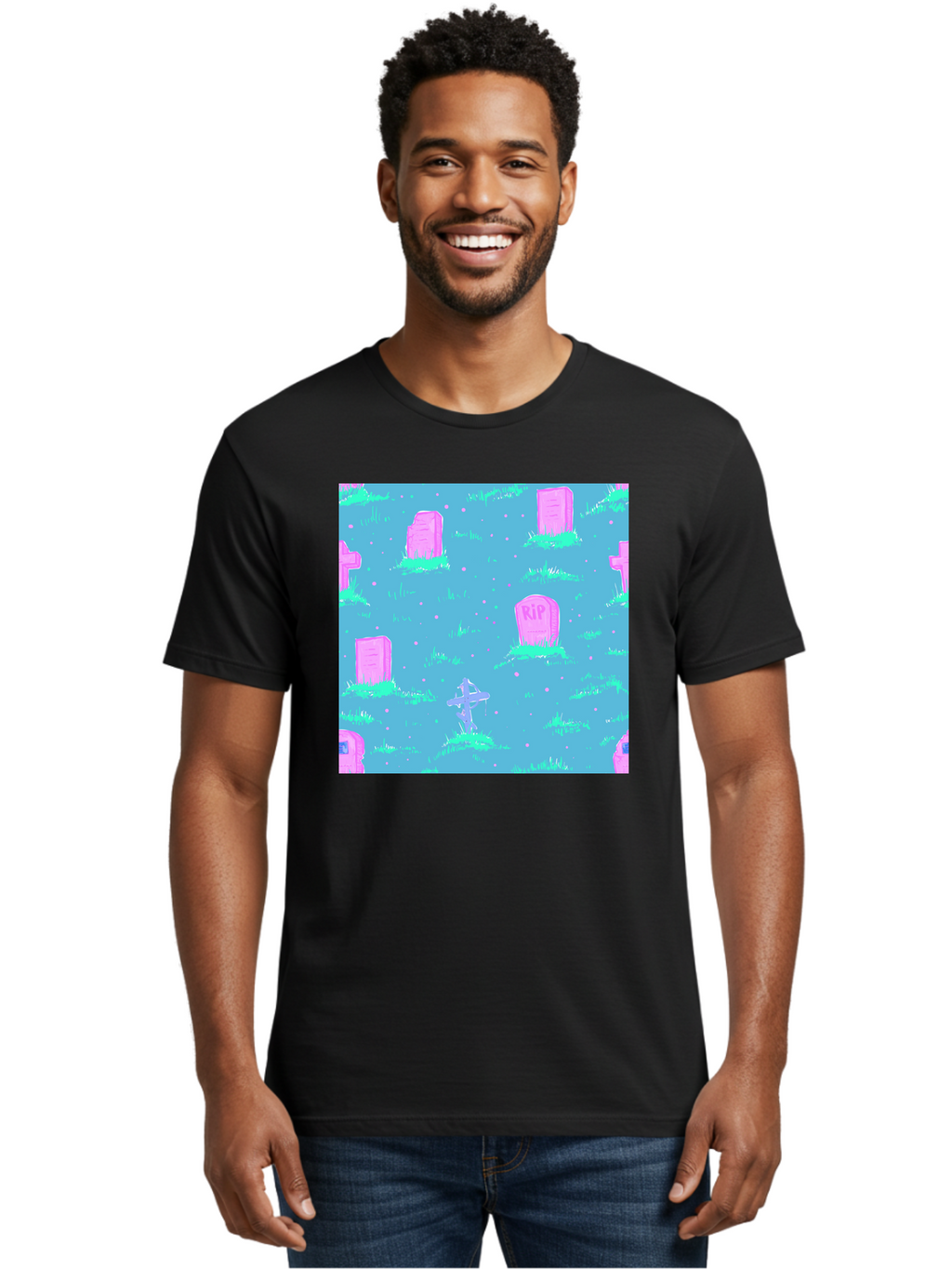 Graveyard-Pattern Men'S Graphic Tee, 100% Cotton, Comfortable Casual Summer Wear, Machine Washable, Tombstones With Rip, Graveyard Scene, Pastel Pink Headstones, Grassy Burial Grounds, Spooky Ambiance, Eerie Atmosphere, Ghostly Vibes, Aac395