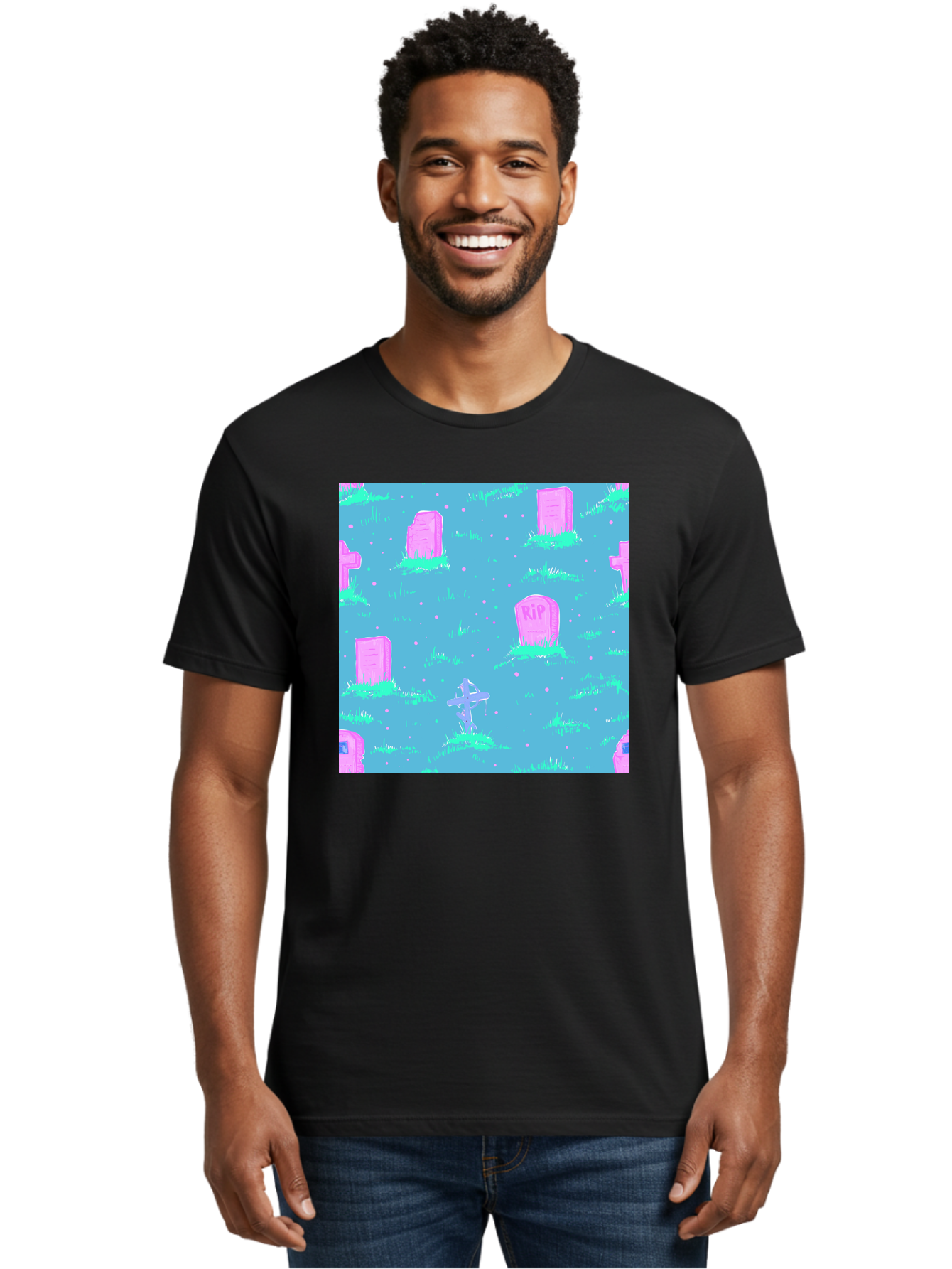 Graveyard-Pattern Men'S Graphic Tee, 100% Cotton, Comfortable Casual Summer Wear, Machine Washable, Tombstones With Rip, Graveyard Scene, Pastel Pink Headstones, Grassy Burial Grounds, Spooky Ambiance, Eerie Atmosphere, Ghostly Vibes, Aac395