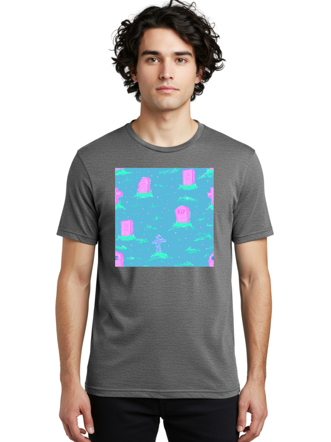 Graveyard-Pattern Men'S Graphic Tee, 100% Cotton, Comfortable Casual Summer Wear, Machine Washable, Tombstones With Rip, Graveyard Scene, Pastel Pink Headstones, Grassy Burial Grounds, Spooky Ambiance, Eerie Atmosphere, Ghostly Vibes, Aac395
