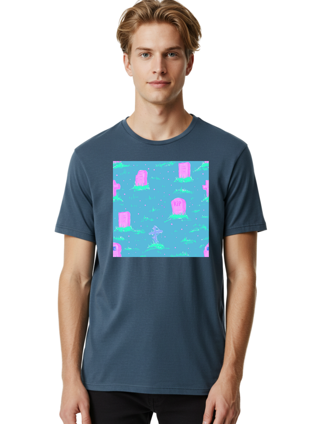 Graveyard-Pattern Men'S Graphic Tee, 100% Cotton, Comfortable Casual Summer Wear, Machine Washable, Tombstones With Rip, Graveyard Scene, Pastel Pink Headstones, Grassy Burial Grounds, Spooky Ambiance, Eerie Atmosphere, Ghostly Vibes, Aac395