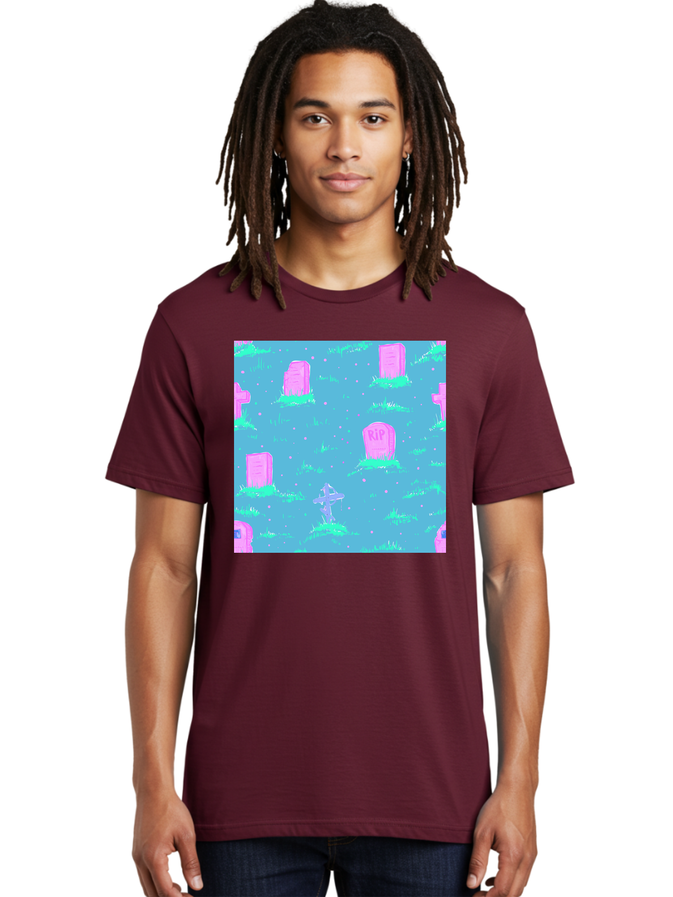 Graveyard-Pattern Men'S Graphic Tee, 100% Cotton, Comfortable Casual Summer Wear, Machine Washable, Tombstones With Rip, Graveyard Scene, Pastel Pink Headstones, Grassy Burial Grounds, Spooky Ambiance, Eerie Atmosphere, Ghostly Vibes, Aac395