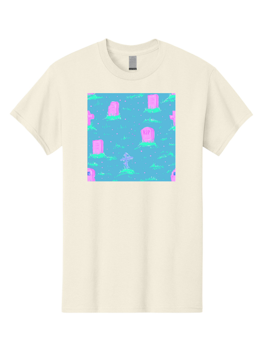 Graveyard-Pattern Men'S Graphic Tee, 100% Cotton, Comfortable Casual Summer Wear, Machine Washable, Tombstones With Rip, Graveyard Scene, Pastel Pink Headstones, Grassy Burial Grounds, Spooky Ambiance, Eerie Atmosphere, Ghostly Vibes, Aac395