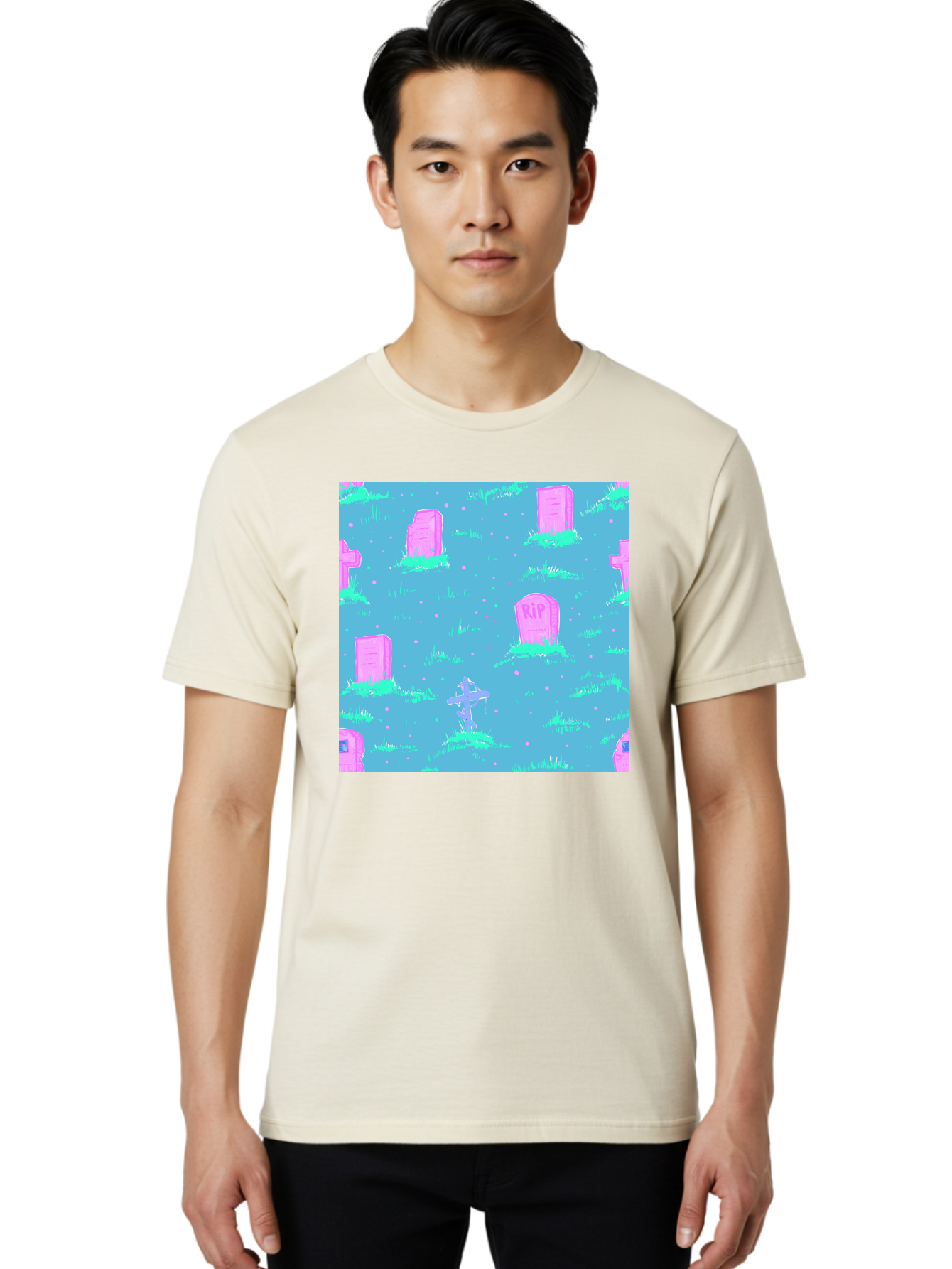 Graveyard-Pattern Men'S Graphic Tee, 100% Cotton, Comfortable Casual Summer Wear, Machine Washable, Tombstones With Rip, Graveyard Scene, Pastel Pink Headstones, Grassy Burial Grounds, Spooky Ambiance, Eerie Atmosphere, Ghostly Vibes, Aac395