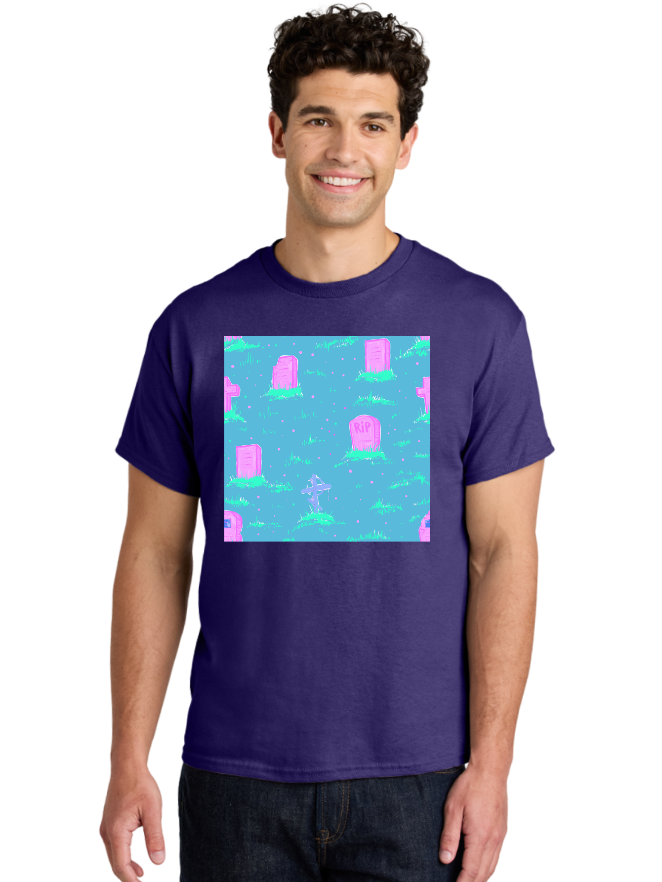 Graveyard-Pattern Men'S Graphic Tee, 100% Cotton, Comfortable Casual Summer Wear, Machine Washable, Tombstones With Rip, Graveyard Scene, Pastel Pink Headstones, Grassy Burial Grounds, Spooky Ambiance, Eerie Atmosphere, Ghostly Vibes, Aac395