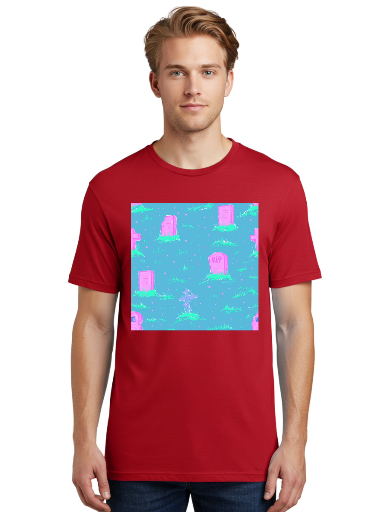 Graveyard-Pattern Men'S Graphic Tee, 100% Cotton, Comfortable Casual Summer Wear, Machine Washable, Tombstones With Rip, Graveyard Scene, Pastel Pink Headstones, Grassy Burial Grounds, Spooky Ambiance, Eerie Atmosphere, Ghostly Vibes, Aac395