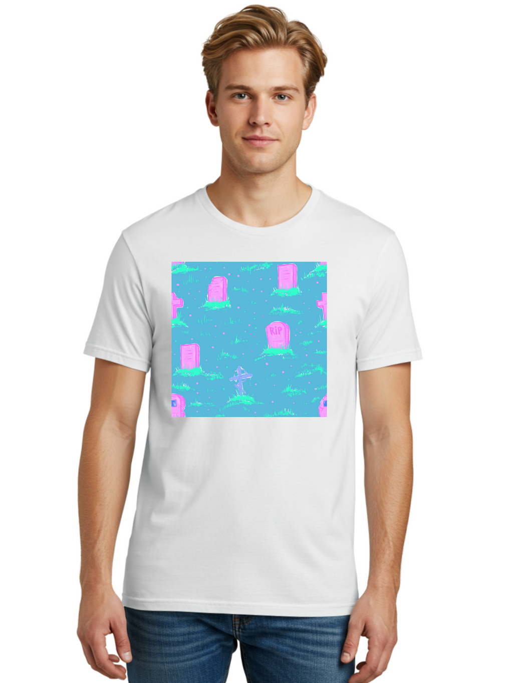 Graveyard-Pattern Men'S Graphic Tee, 100% Cotton, Comfortable Casual Summer Wear, Machine Washable, Tombstones With Rip, Graveyard Scene, Pastel Pink Headstones, Grassy Burial Grounds, Spooky Ambiance, Eerie Atmosphere, Ghostly Vibes, Aac395