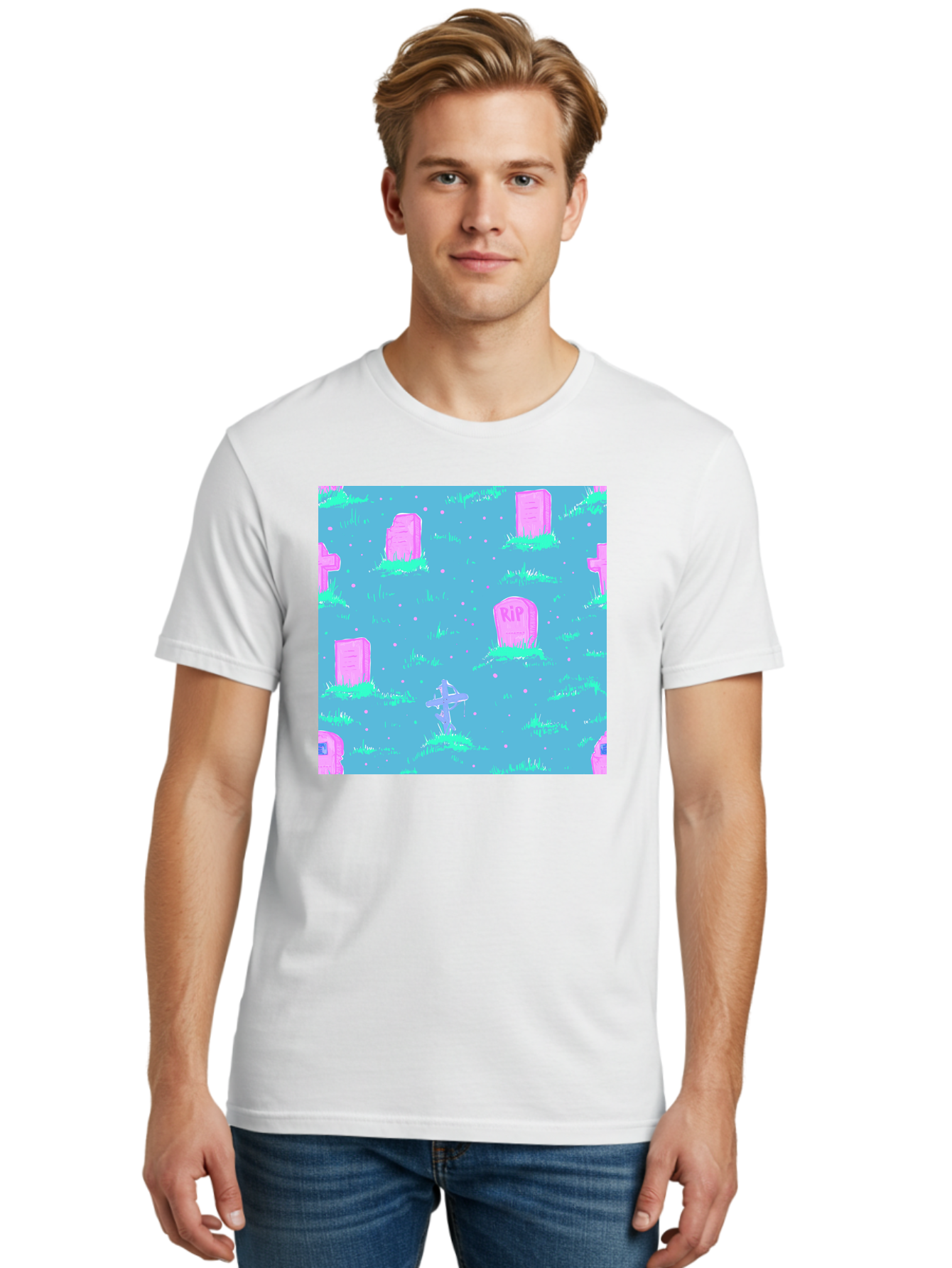 Graveyard-Pattern Men'S Graphic Tee, 100% Cotton, Comfortable Casual Summer Wear, Machine Washable, Tombstones With Rip, Graveyard Scene, Pastel Pink Headstones, Grassy Burial Grounds, Spooky Ambiance, Eerie Atmosphere, Ghostly Vibes, Aac395
