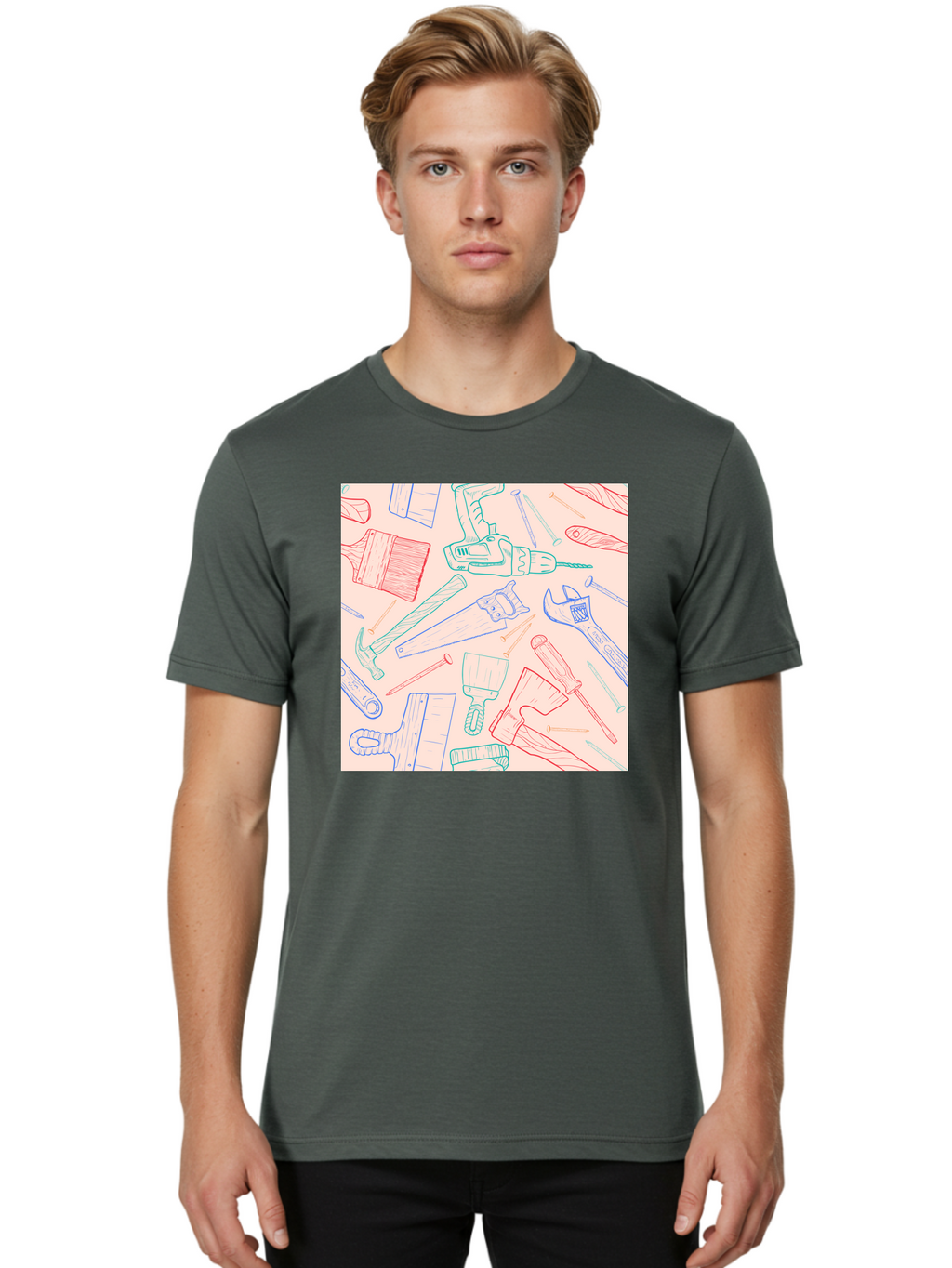 Hand-Tools Men'S Graphic Tee, 100% Cotton, Comfortable Casual Summer Wear, Machine Washable, Hand Tools, Diy Equipment, Construction Tools, Hammer, Screwdrivers, Pliers, Saws, Wrenches, Paintbrushes, Rollers, Hand-Drawn Illustrations, Aac396