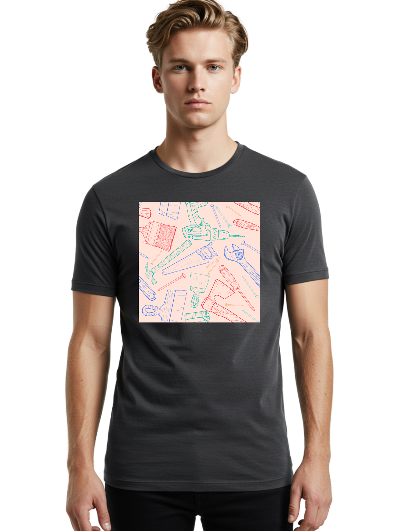 Hand-Tools Men'S Graphic Tee, 100% Cotton, Comfortable Casual Summer Wear, Machine Washable, Hand Tools, Diy Equipment, Construction Tools, Hammer, Screwdrivers, Pliers, Saws, Wrenches, Paintbrushes, Rollers, Hand-Drawn Illustrations, Aac396