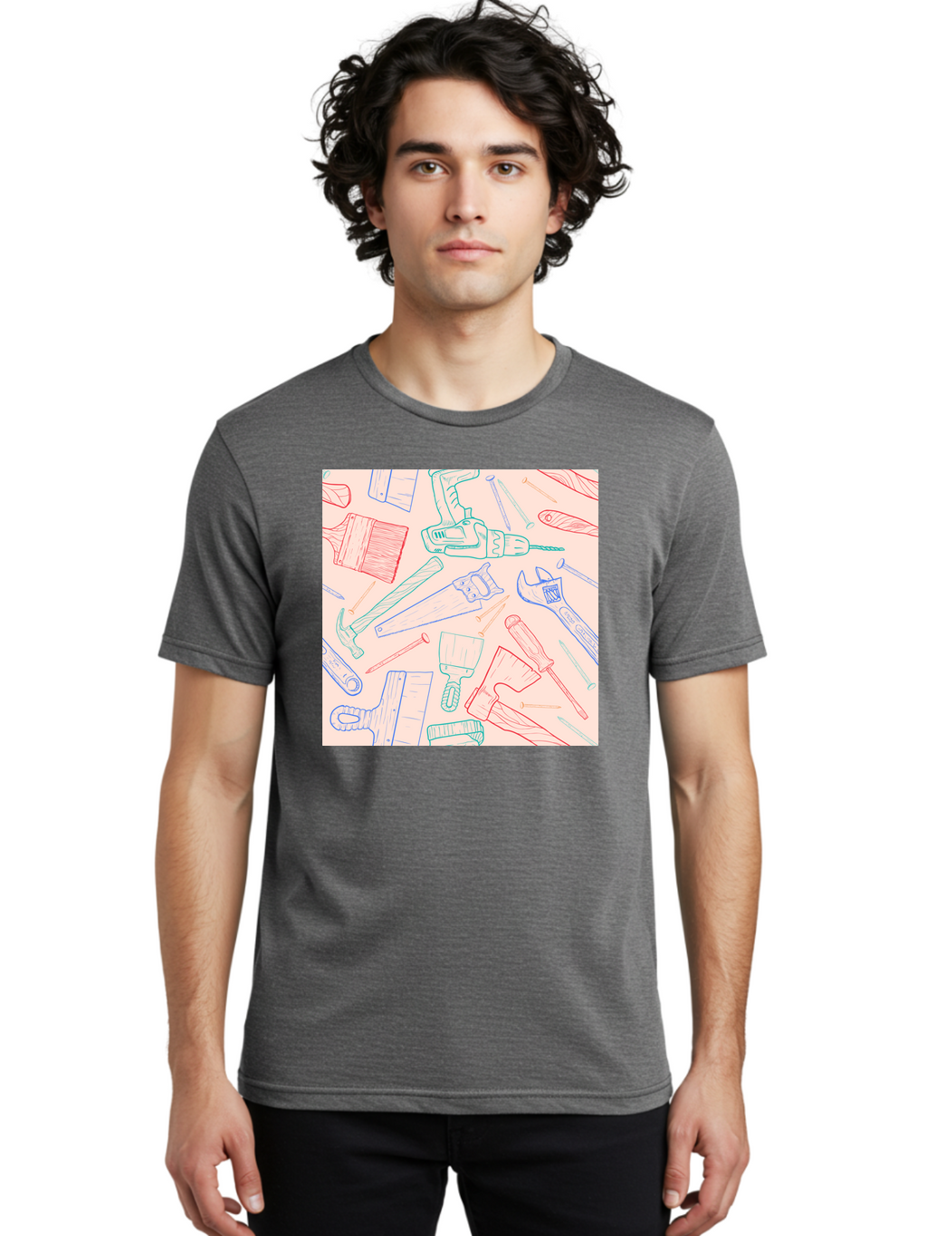Hand-Tools Men'S Graphic Tee, 100% Cotton, Comfortable Casual Summer Wear, Machine Washable, Hand Tools, Diy Equipment, Construction Tools, Hammer, Screwdrivers, Pliers, Saws, Wrenches, Paintbrushes, Rollers, Hand-Drawn Illustrations, Aac396