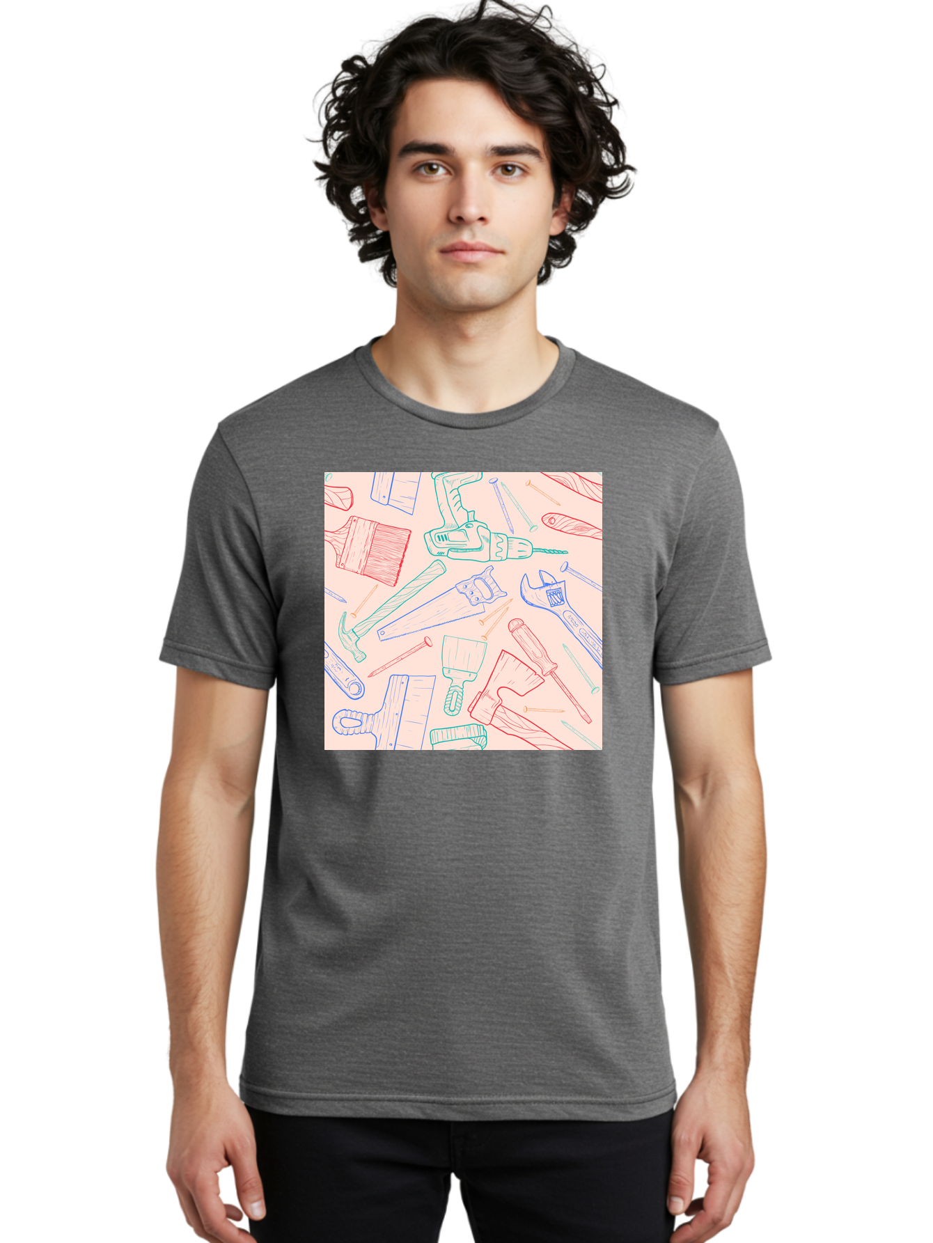Hand-Tools Men'S Graphic Tee, 100% Cotton, Comfortable Casual Summer Wear, Machine Washable, Hand Tools, Diy Equipment, Construction Tools, Hammer, Screwdrivers, Pliers, Saws, Wrenches, Paintbrushes, Rollers, Hand-Drawn Illustrations, Aac396