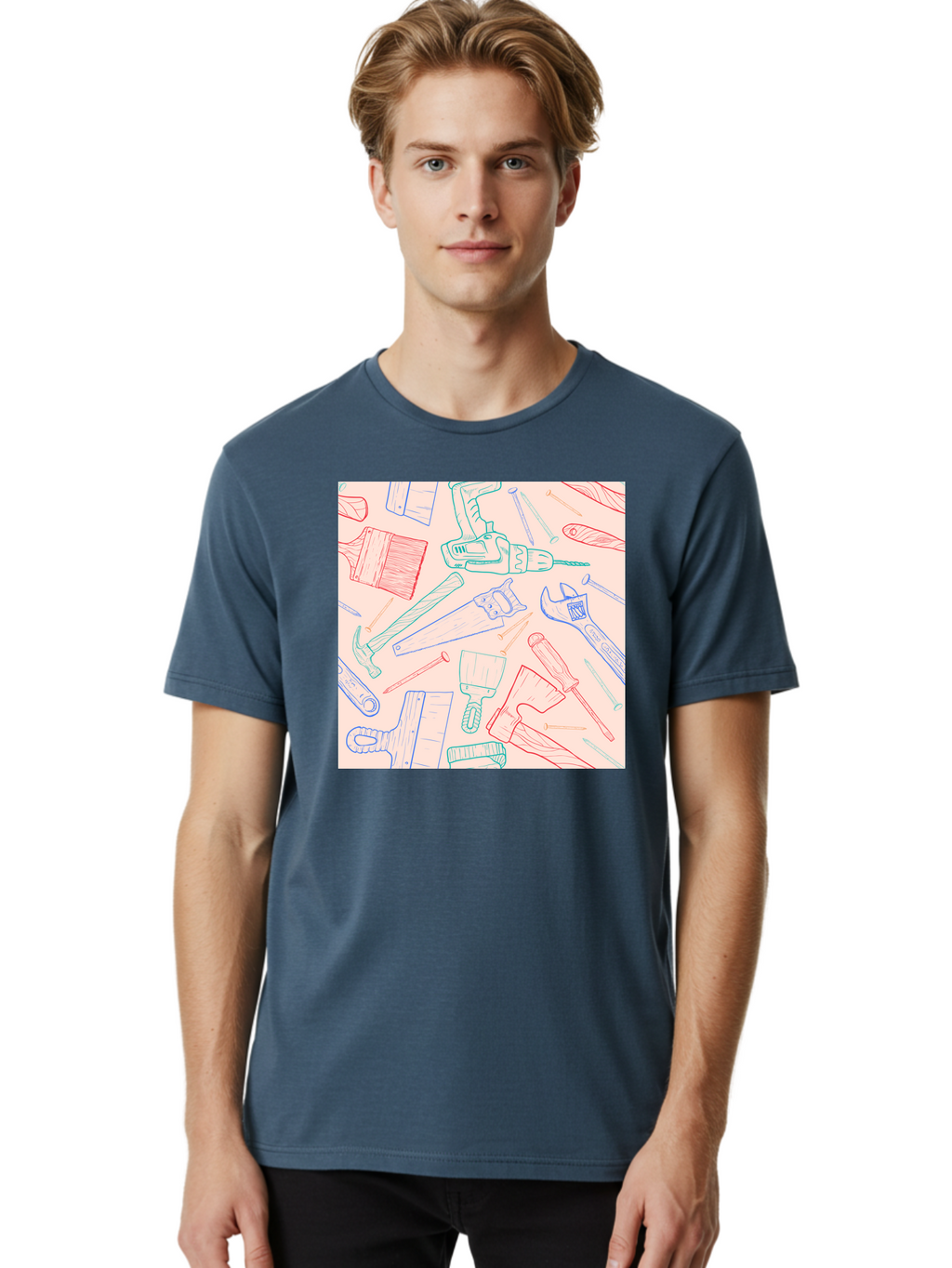Hand-Tools Men'S Graphic Tee, 100% Cotton, Comfortable Casual Summer Wear, Machine Washable, Hand Tools, Diy Equipment, Construction Tools, Hammer, Screwdrivers, Pliers, Saws, Wrenches, Paintbrushes, Rollers, Hand-Drawn Illustrations, Aac396