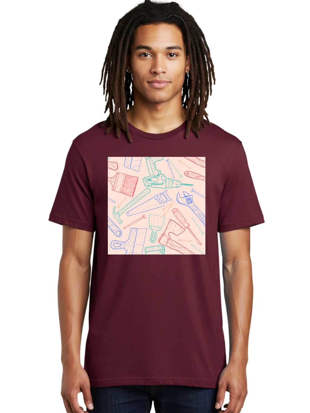 Hand-Tools Men'S Graphic Tee, 100% Cotton, Comfortable Casual Summer Wear, Machine Washable, Hand Tools, Diy Equipment, Construction Tools, Hammer, Screwdrivers, Pliers, Saws, Wrenches, Paintbrushes, Rollers, Hand-Drawn Illustrations, Aac396