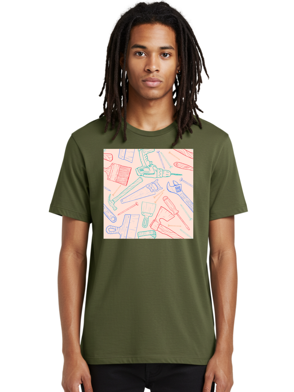 Hand-Tools Men'S Graphic Tee, 100% Cotton, Comfortable Casual Summer Wear, Machine Washable, Hand Tools, Diy Equipment, Construction Tools, Hammer, Screwdrivers, Pliers, Saws, Wrenches, Paintbrushes, Rollers, Hand-Drawn Illustrations, Aac396