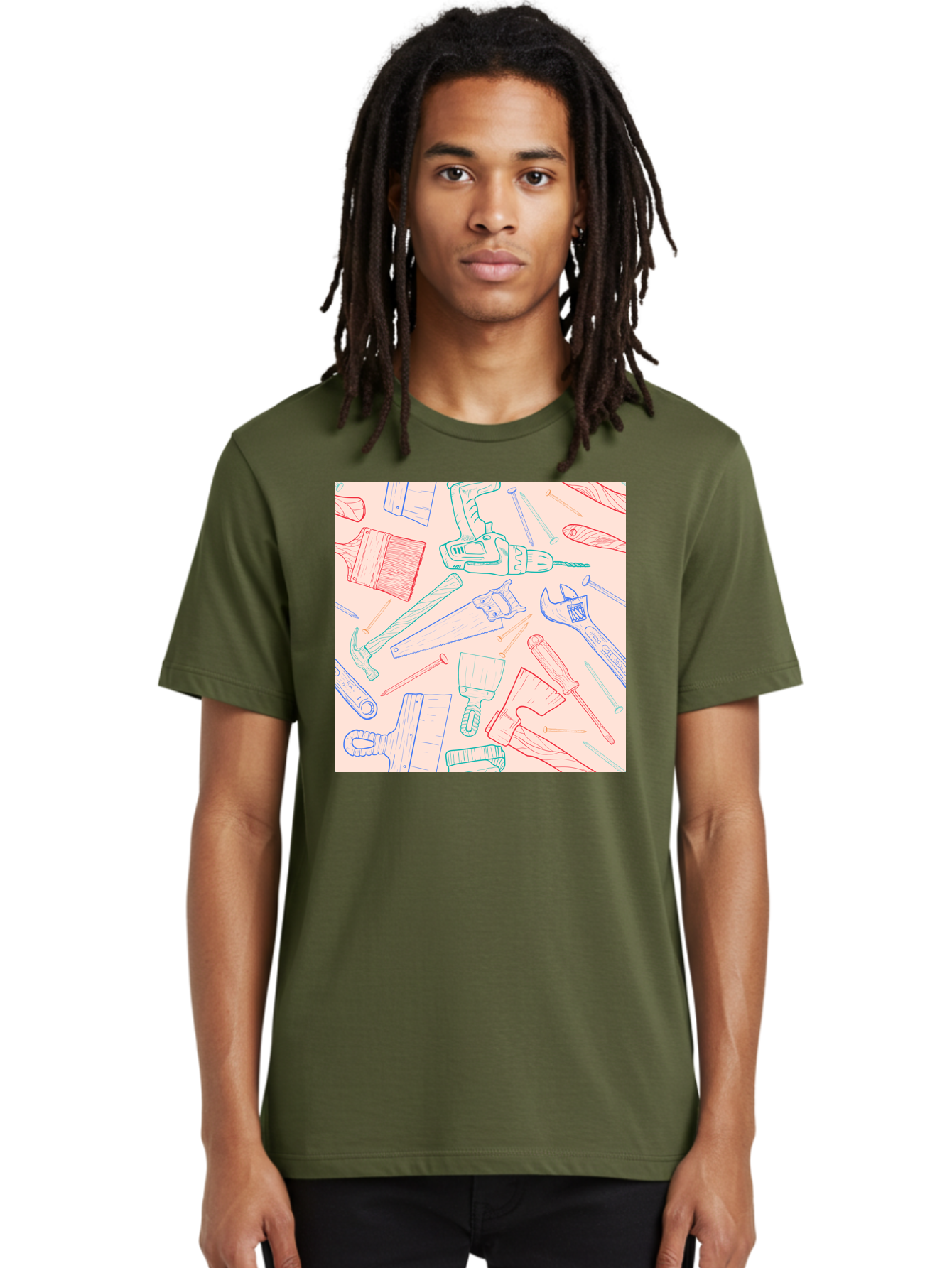 Hand-Tools Men'S Graphic Tee, 100% Cotton, Comfortable Casual Summer Wear, Machine Washable, Hand Tools, Diy Equipment, Construction Tools, Hammer, Screwdrivers, Pliers, Saws, Wrenches, Paintbrushes, Rollers, Hand-Drawn Illustrations, Aac396